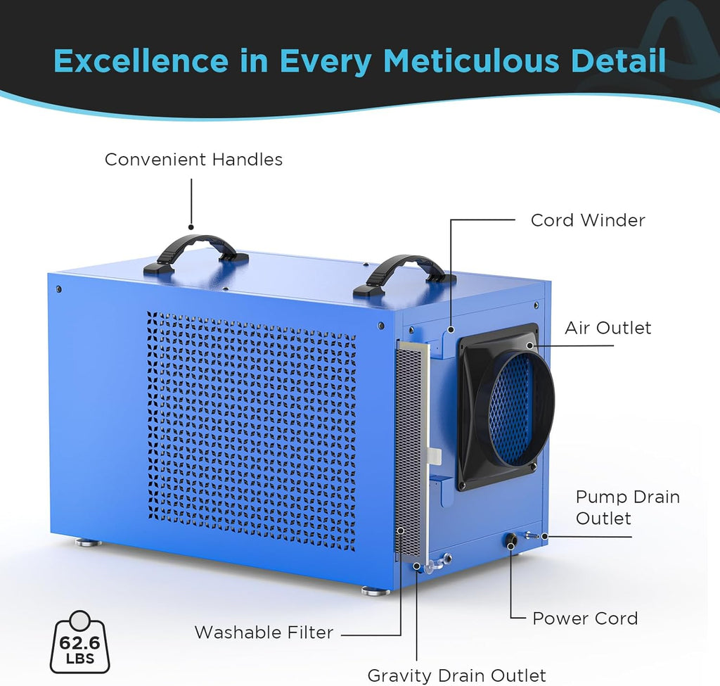 170 Pints Commercial Dehumidifier with Pump for Crawl Spaces & Basements with Drain Hose, Water Damage Restoration Dehumidifier Ideal for up to 7,500 sq ft Industrial and Job Sites