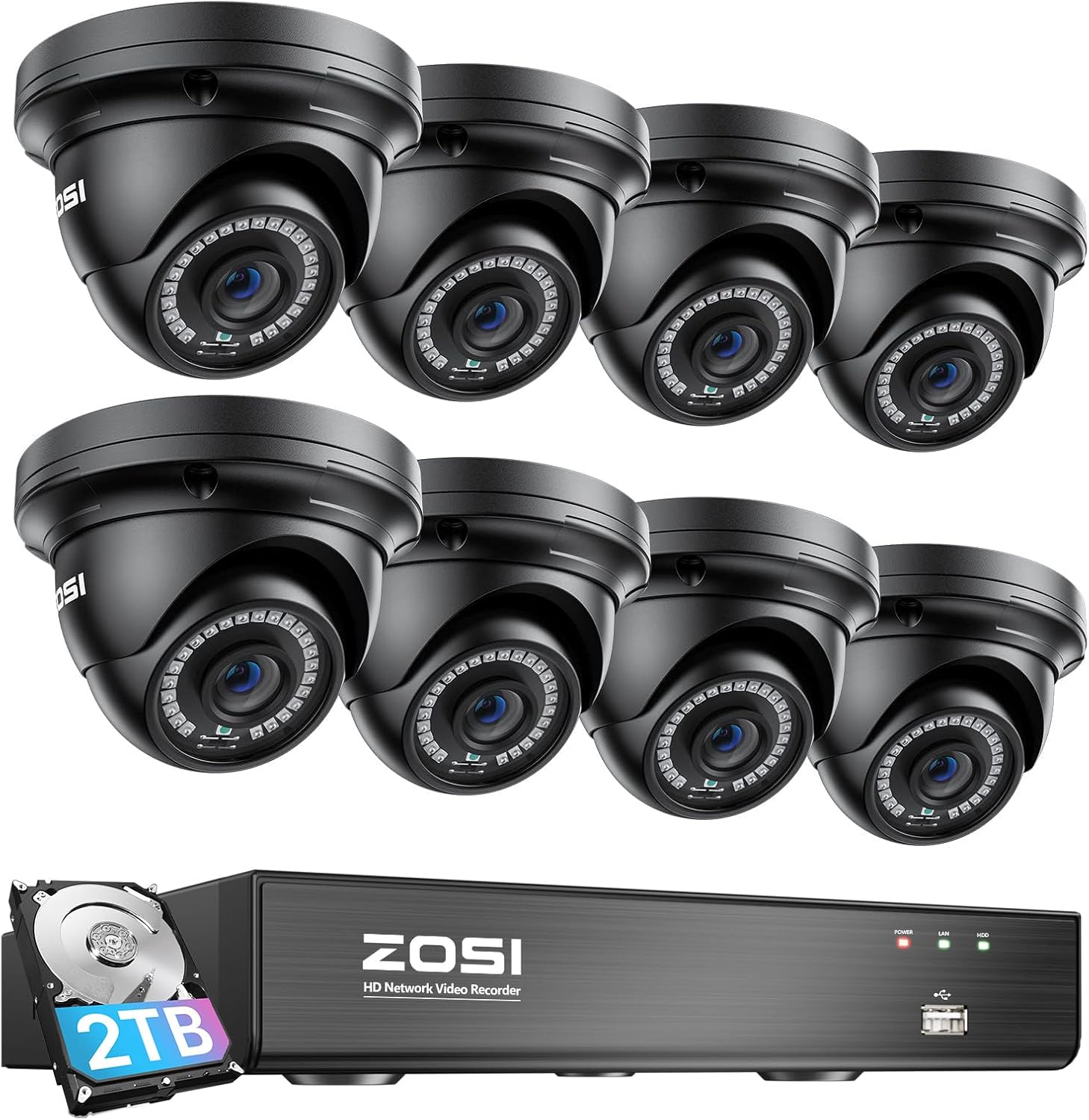 ZOSI 8 Channel 8MP 4K PoE Home Security Camera System Outdoor, 8 x Wired 5MP(3K) Dome IP Cameras, 8CH PoE NVR (16CH Expandable) with 2TB HDD for 24/7 Recording, Motion Detection, Remote Control