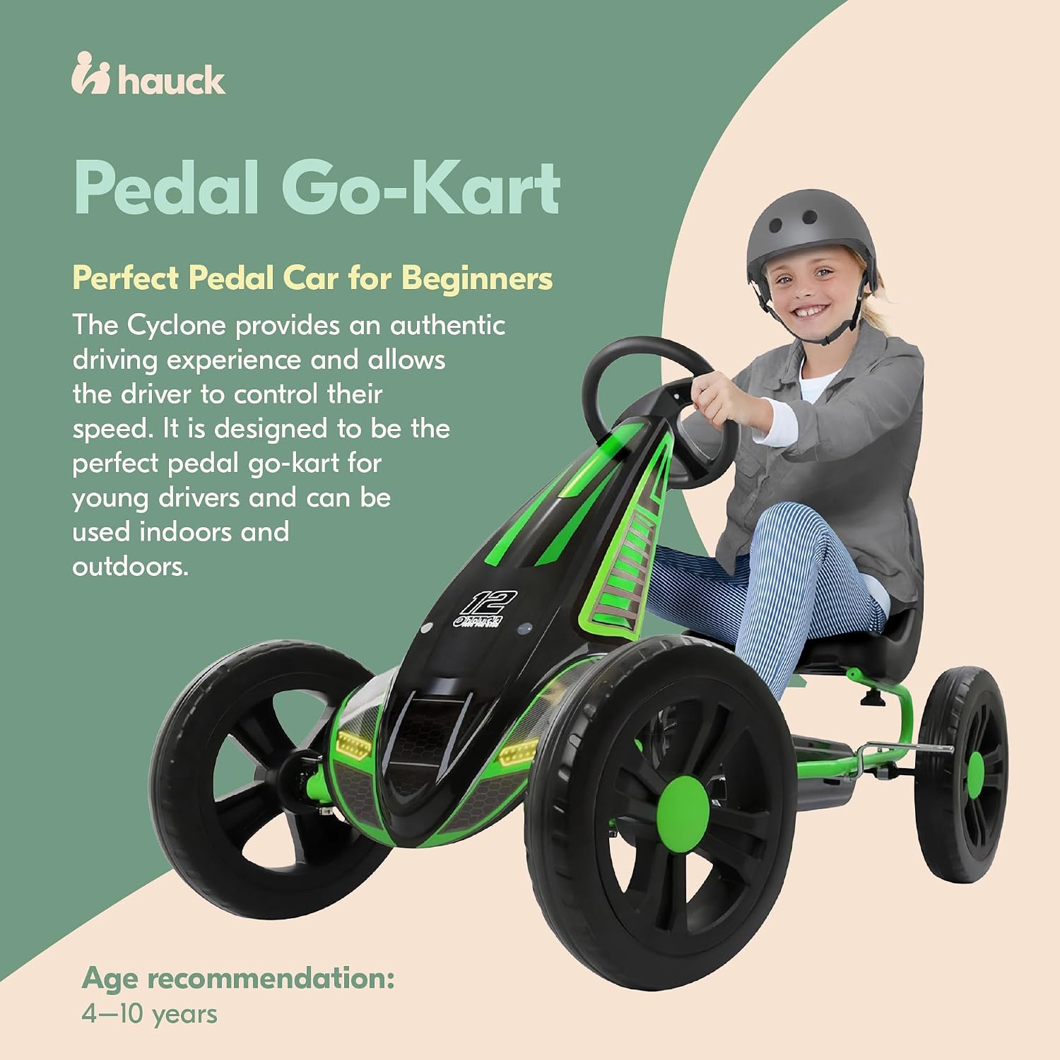 hauck Cyclone Junior Racing Go Kart with 12 Inch Rims, Race Style Pedals, and 8 Ball Brake, Lime Green - Ride On Toy for Kids Ages 4 to 8 Years