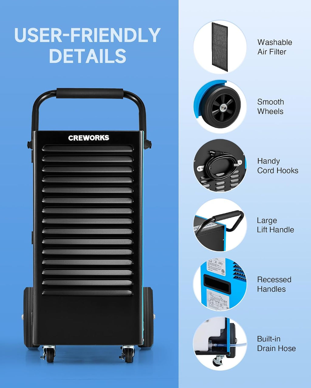 CREWORKS 180 PPD Commercial Dehumidifier, 180 Pint Dehumidifier for Basement with Wheels Drain Hose, Portable Professional Basement Dehumidification with Auto Defrost Display Panel