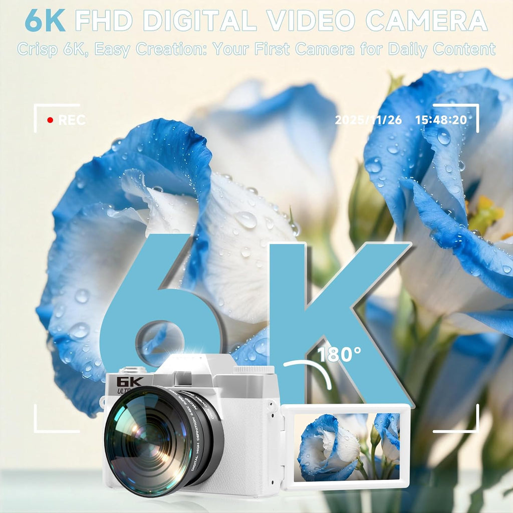 6K Digital Camera for Photography Autofocus, 2026 Upgraded WiFi Vlogging Camera for YouTube with 3' 180° Flip Screen 16X Zoom, 64GB SD Card & 2 Batteries Compact Travel Camera for Beginners Teens