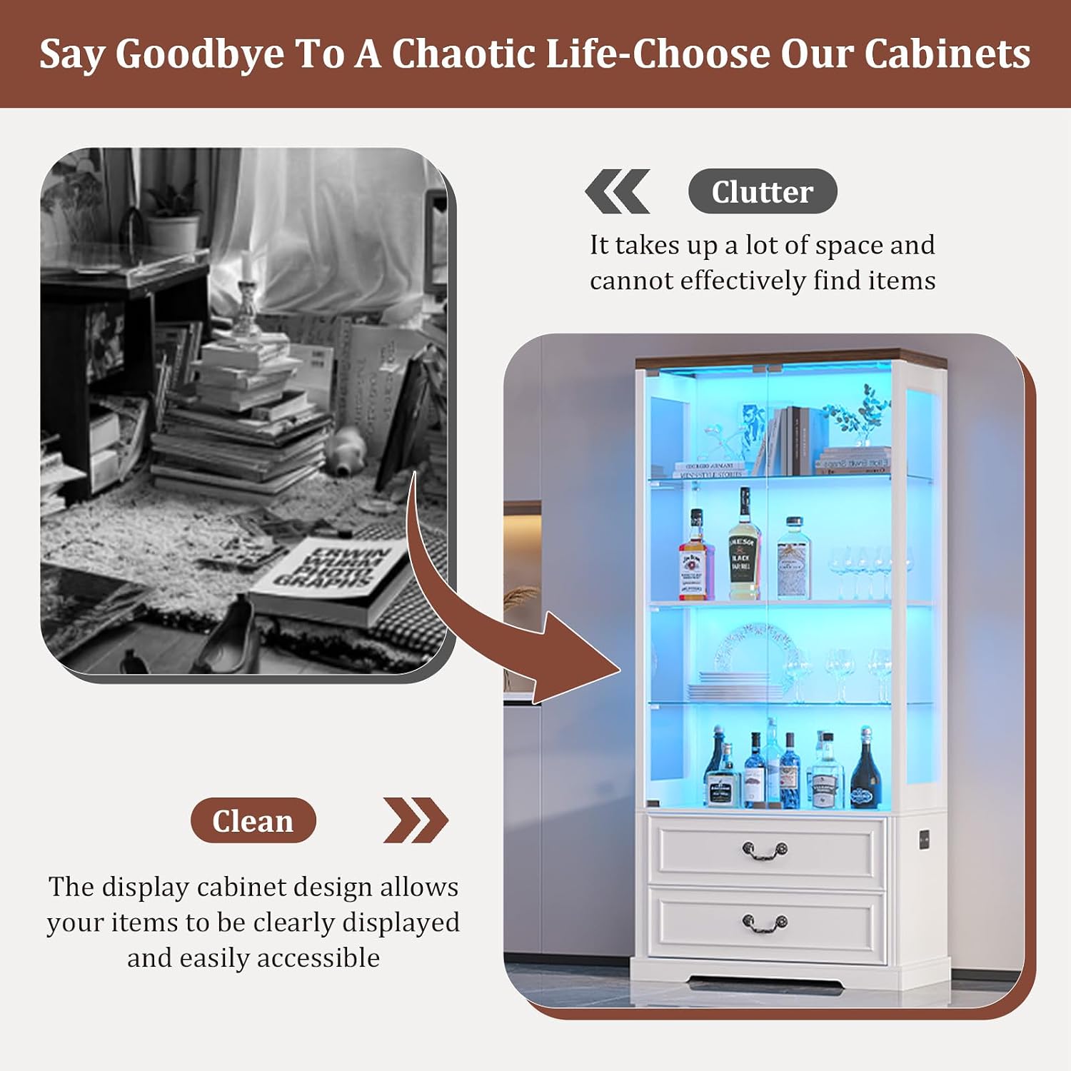 TAGELIER Glass Display Cabinet with Door, 4-Tier Curio Cabinet with 2 Drawers and Adjustable Glass Height Showcase, Display Case with 3 LED Light and Human Body Sensor, White