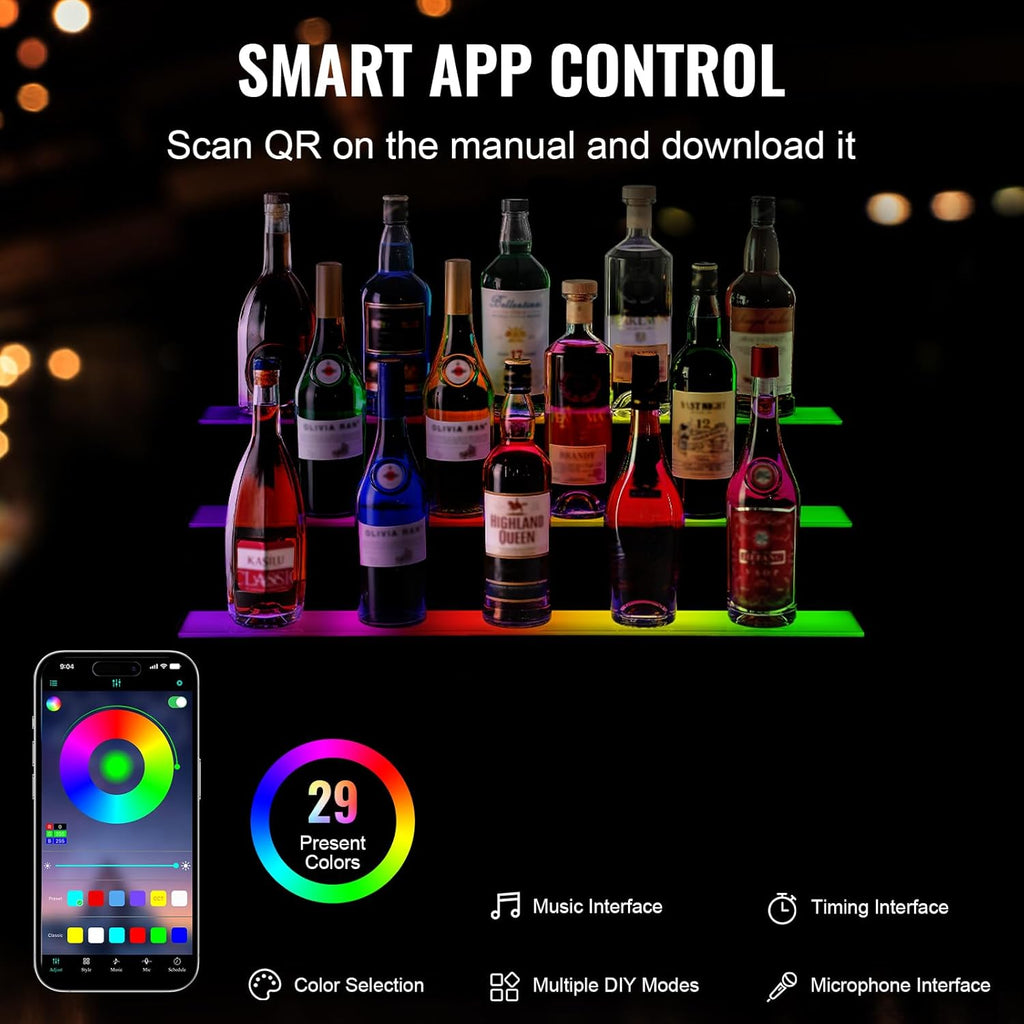 VEVOR LED Lighted Liquor Bottle Display, 3 Tiers 30 Inches, Supports USB, Illuminated Home Bar Shelf with RF Remote & App Control 7 Static Colors 1-4 H Timing, Acrylic Lighted Shelf for 24 Bottles