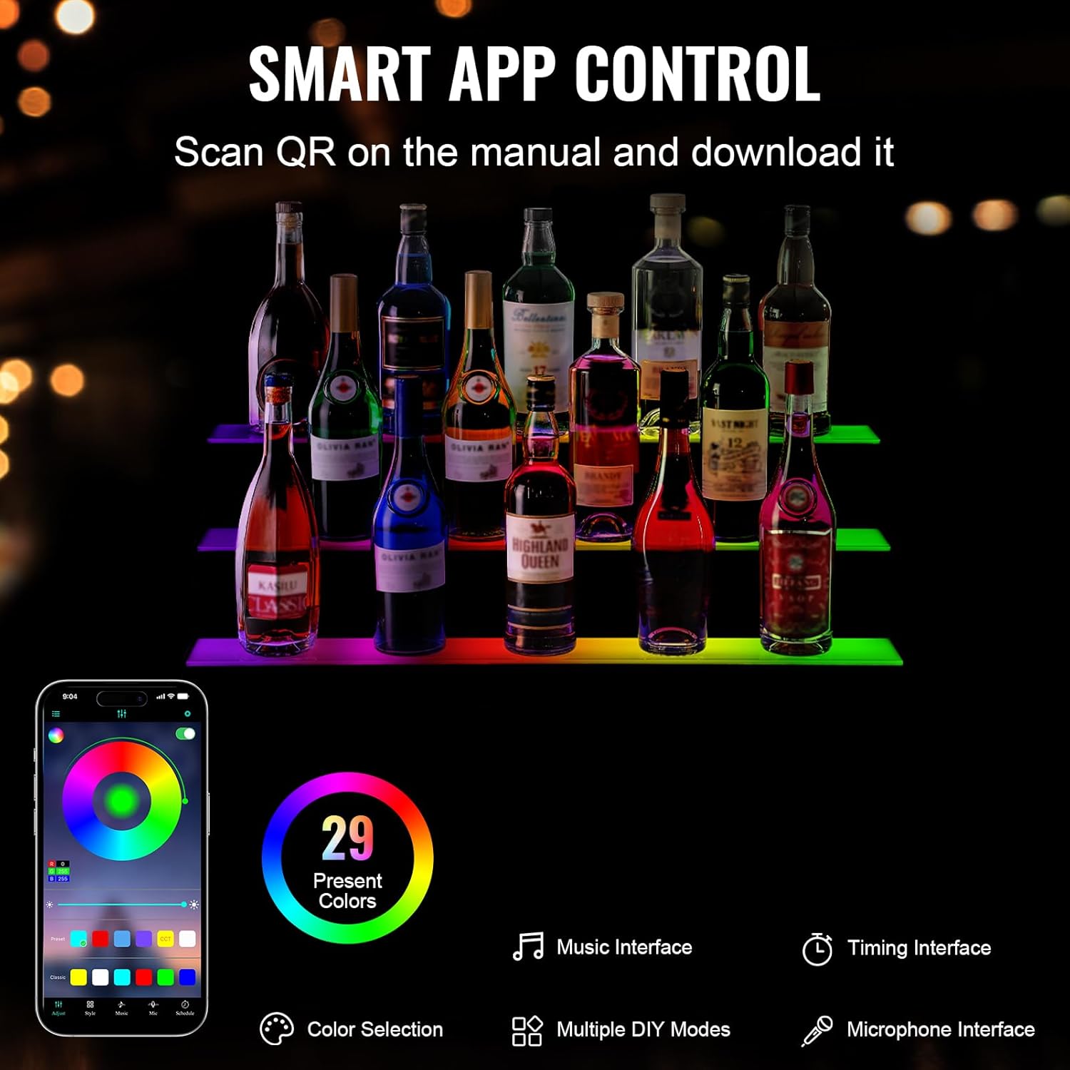 VEVOR LED Lighted Liquor Bottle Display, 3 Tiers 30 Inches, Supports USB, Illuminated Home Bar Shelf with RF Remote & App Control 7 Static Colors 1-4 H Timing, Acrylic Lighted Shelf for 24 Bottles