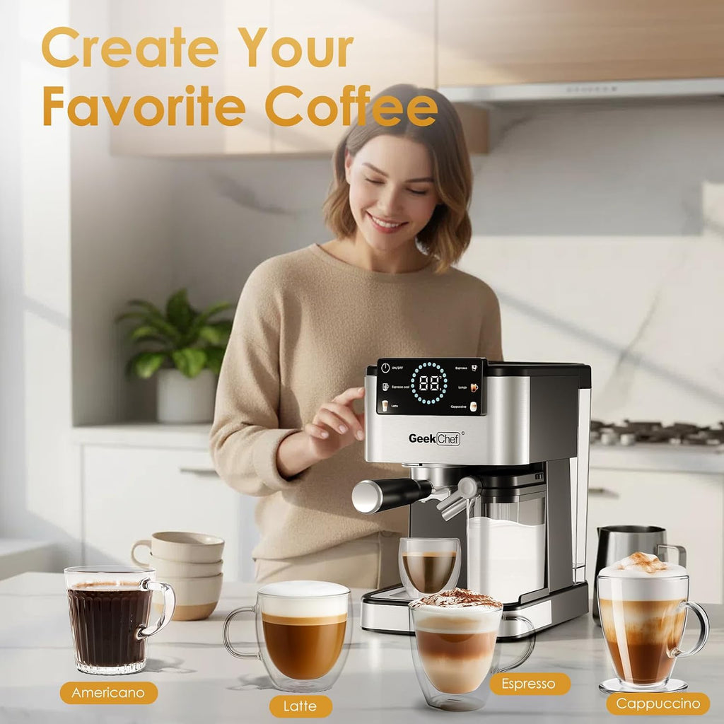 Geek Chef Espresso Machine with Milk Frother, 20 Bar Automatic Espresso Maker, Fast Heating Coffee Maker for Cappuccino, Latte & Iced Coffee, Easy to Use & Clean, for Home Barista