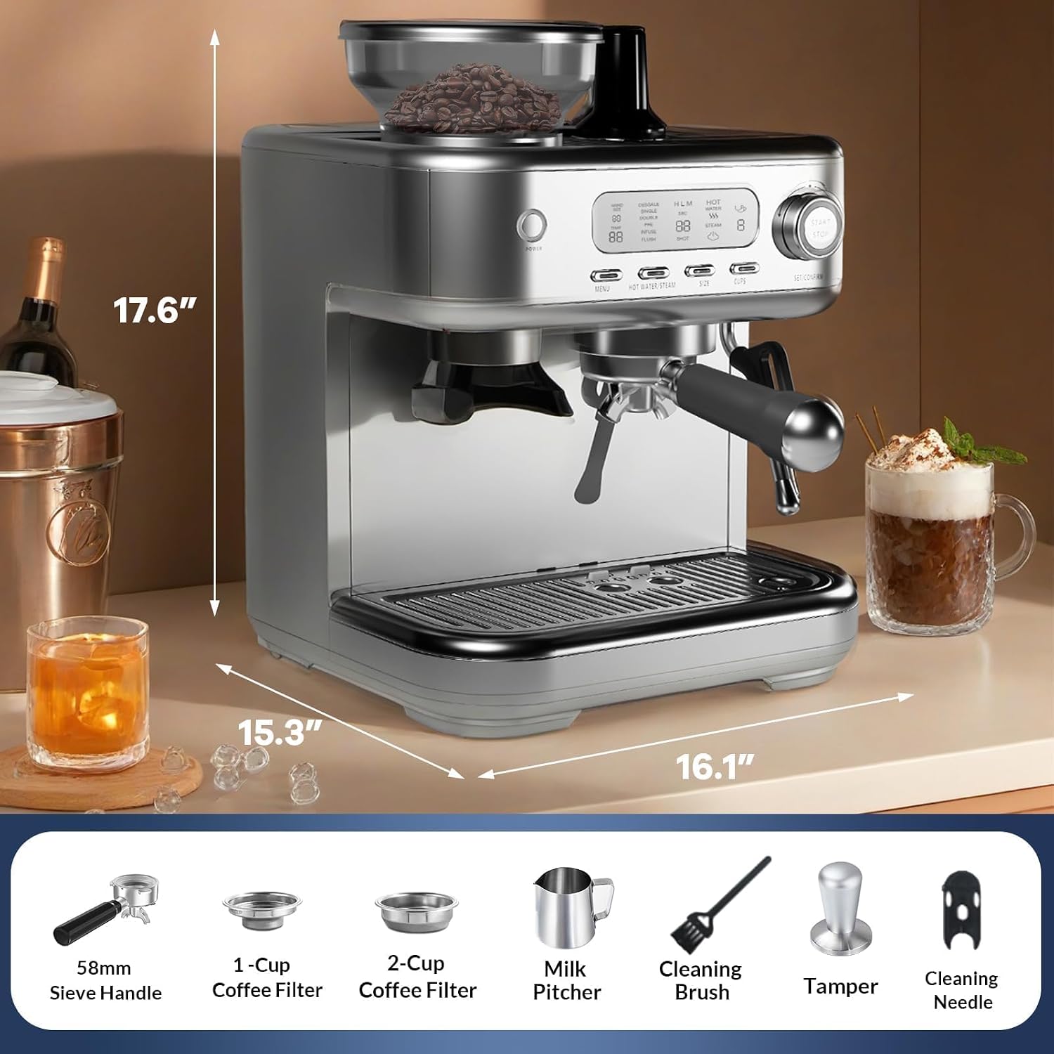 Garvee Espresso Machine Built-In Grinder, High Power Milk Frother, Digital LCD, Stainless Steel (Single/Double Brew)