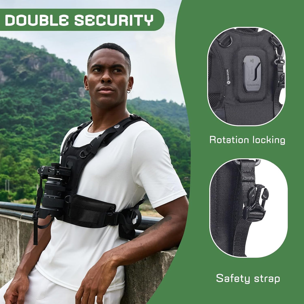 Camera Carrier Chest Harness J1 for One Camera,Camera Strap Harness for Photographers Hiking Climbing Wedding Travel,Camera Nylon Chest Straps for Photographers,Black