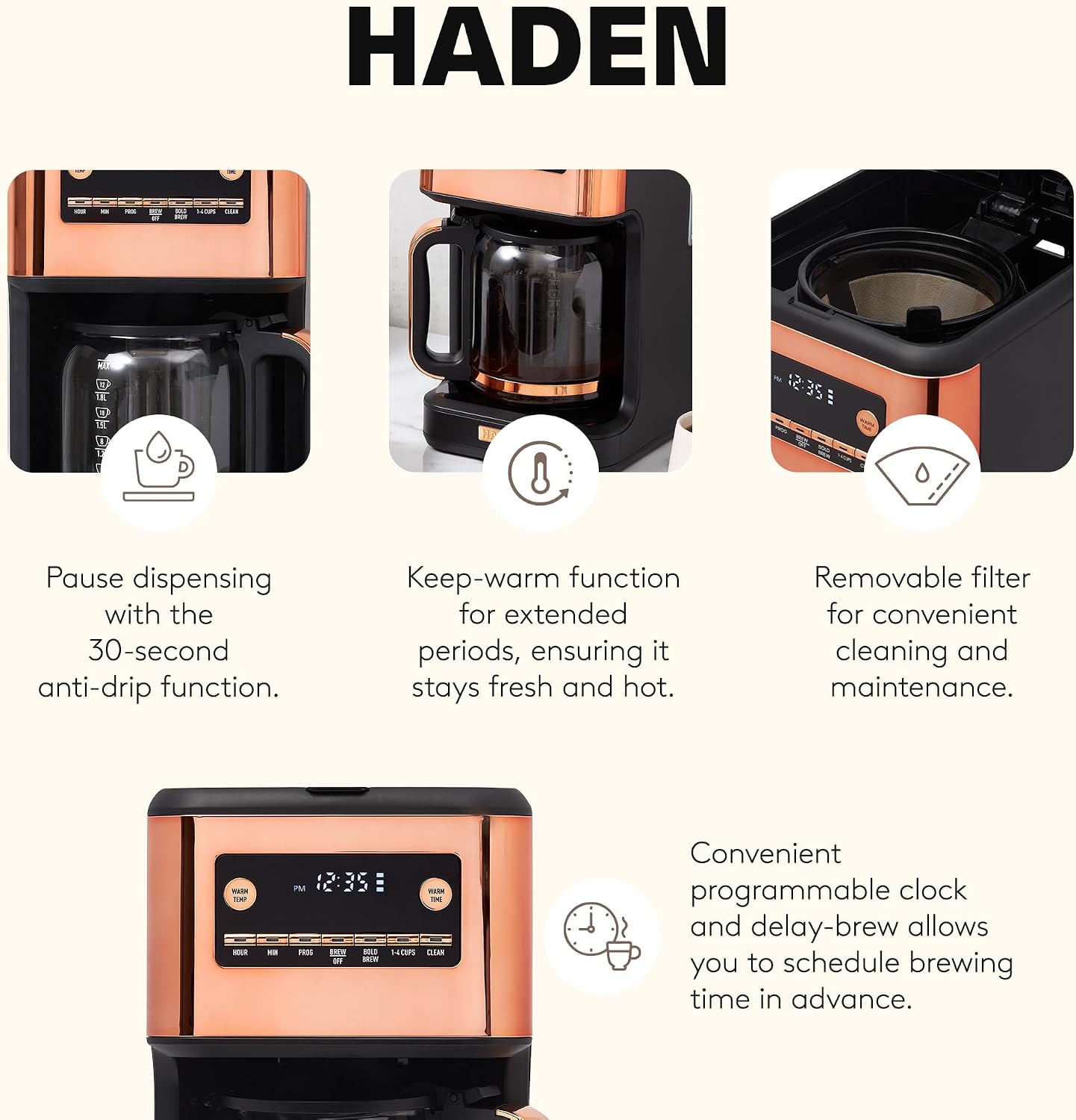 HADEN Generous Brew 14 Cup Coffee Maker with 120 Minute Keep Warm, Delay Brew, Adjustable Strength, Programmable Clock, and Anti Drip, Black/Copper