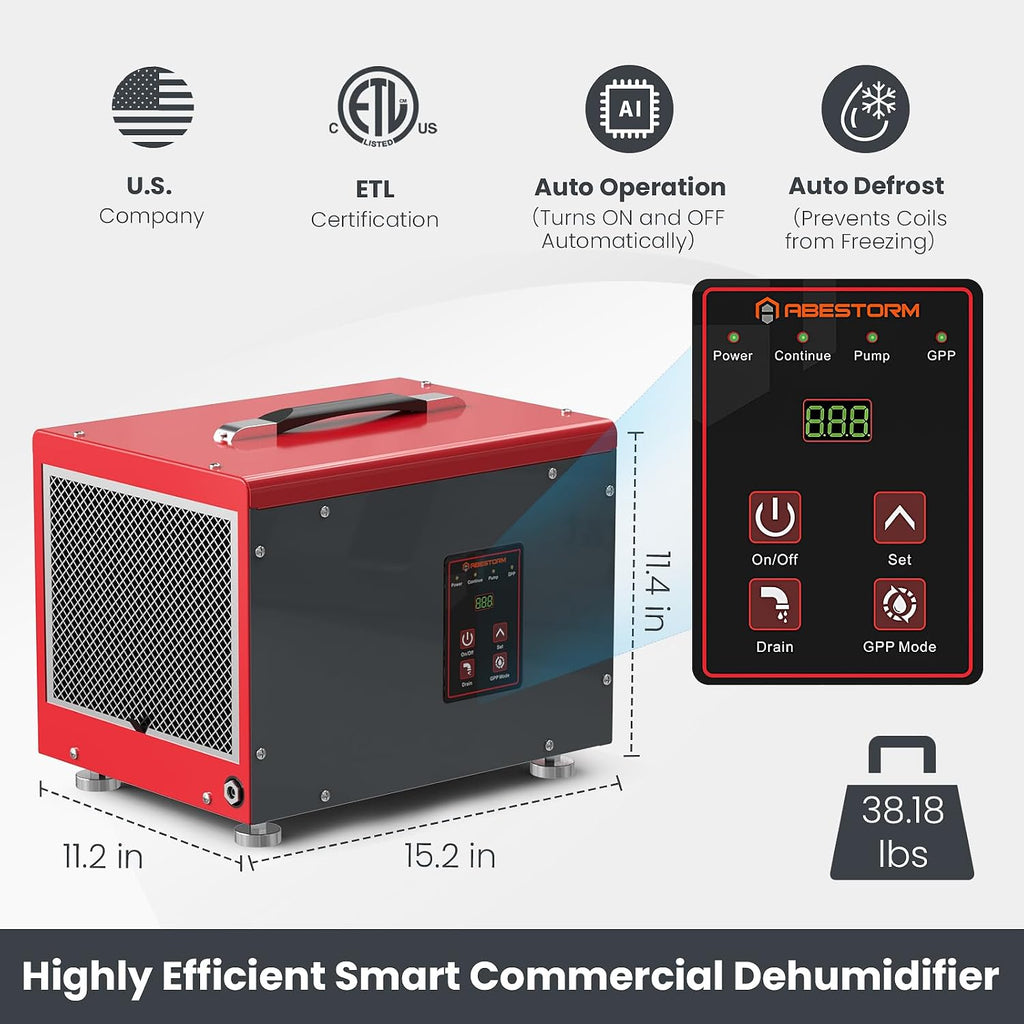 Abestorm Crawl Space Dehumidifiers with Pump and Hose, 70 PPD Compact Portable Commercial Dehumidifier Up to 1,000 sq. ft. Auto Defrost, Memory Starting Crawlspace dehumidifiers
