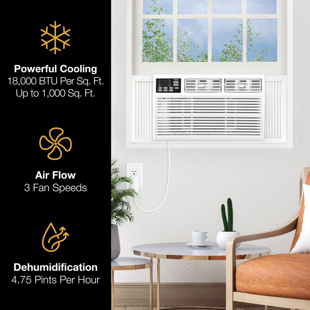 Whirlpool 18,000 BTU Window Air Conditioner with Dehumidifier, 230V, Window AC for Large Rooms up to 1000 Sq. Ft., Bedroom, Living Room, Apartment, with Remote, 3 Speeds, and 24H Timer, White