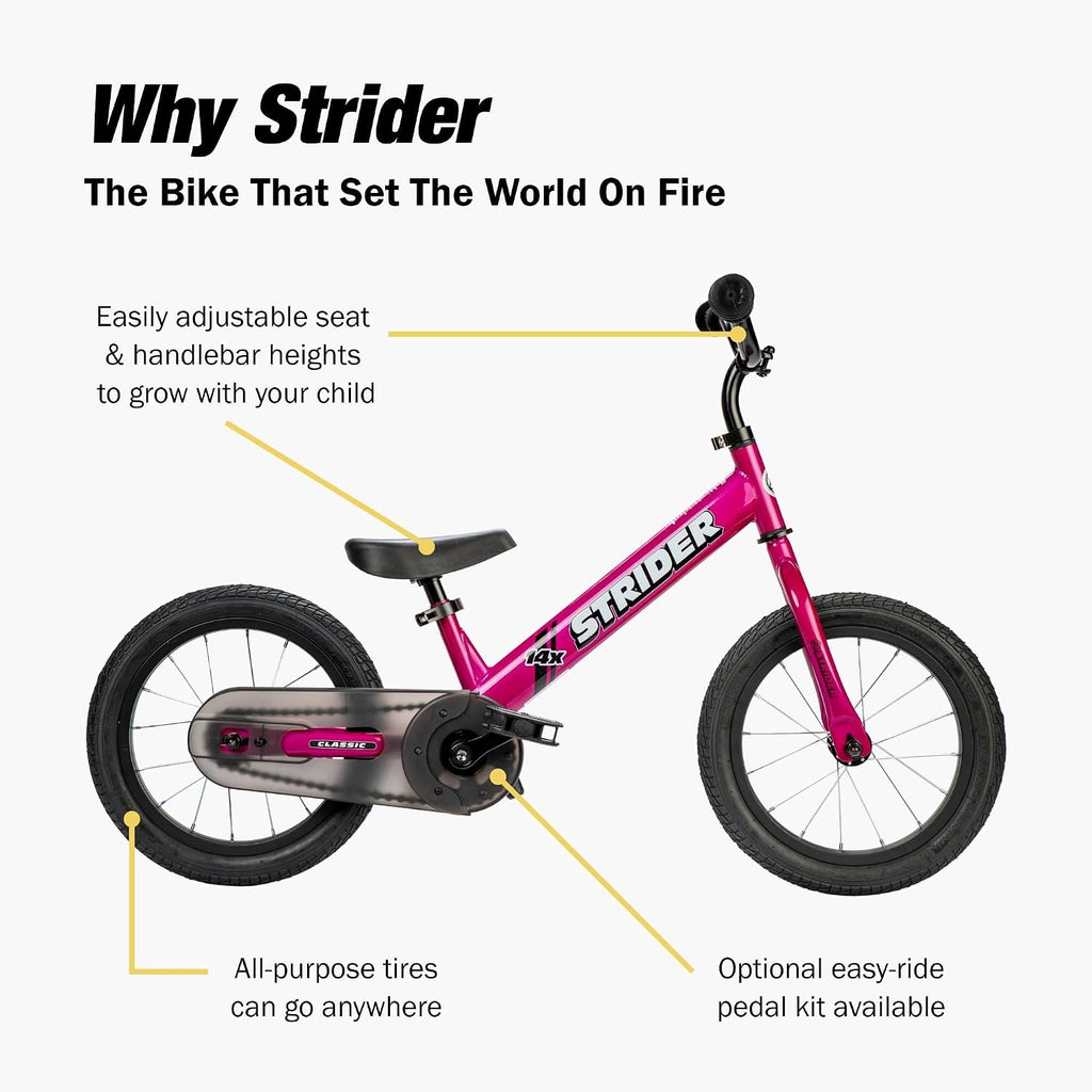 Strider 14x Classic, Balance Bike for Kids 3 to 6 Years - Includes Custom Grips, Padded Seat, Performance Footrest & All-Purpose Tires - Easy Assembly & Adjustments