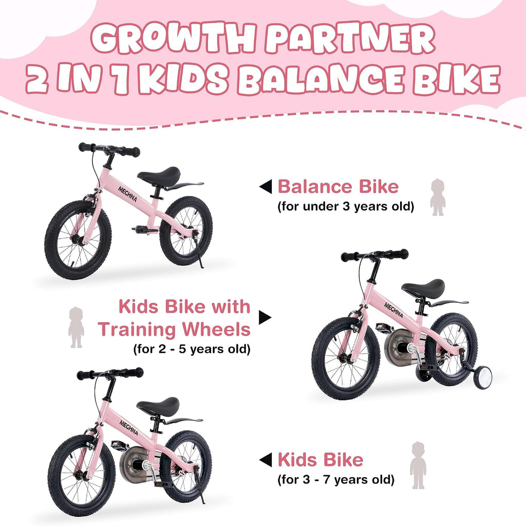ZUKKA Toddler Balance Bike 2 in 1 with Detachable Training Wheels 14 Inch Kids Bike Aged 3-7 Years Old with Adjustable Seat Handlebar and Coaster Brake for Boys Girls