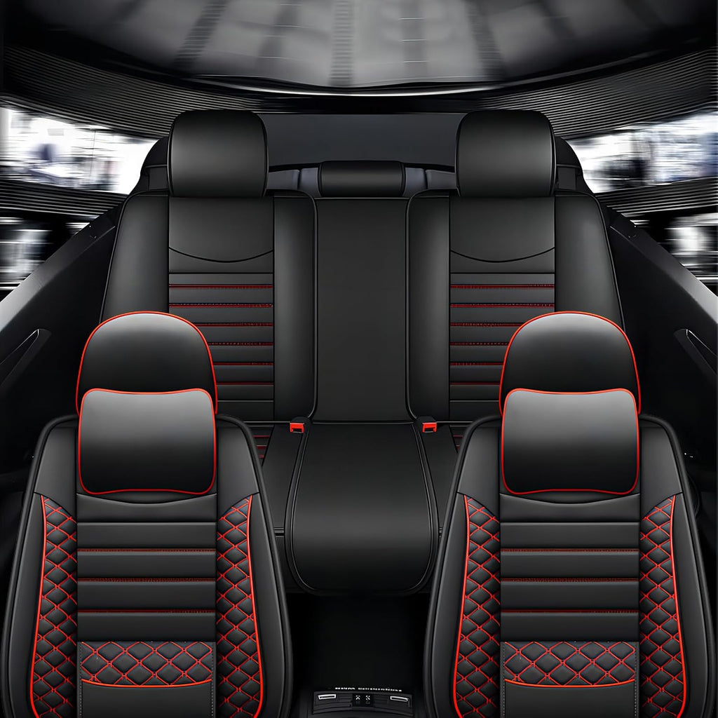 Seat Covers for Jeep Grand Cherokee 2011-2024 2025 2026,Full Set Luxury Leather Car Seat Cover Waterproof 5 Seat Protectors,Breathable Vehicle Seat Cover Airbag Compatible Cushion(Red Black, Pillows)