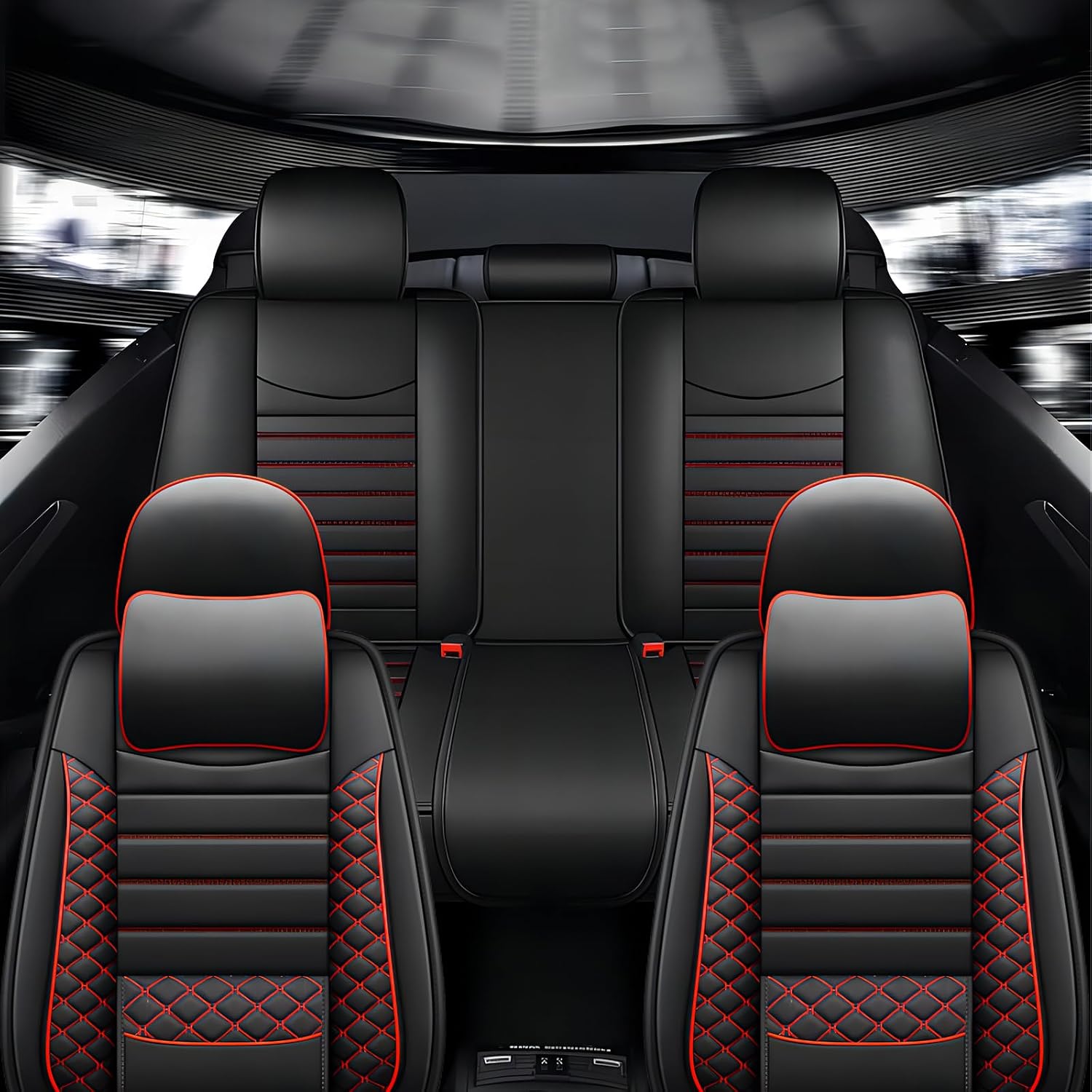 Seat Covers for Jeep Grand Cherokee 2011-2024 2025 2026,Full Set Luxury Leather Car Seat Cover Waterproof 5 Seat Protectors,Breathable Vehicle Seat Cover Airbag Compatible Cushion(Red Black, Pillows)