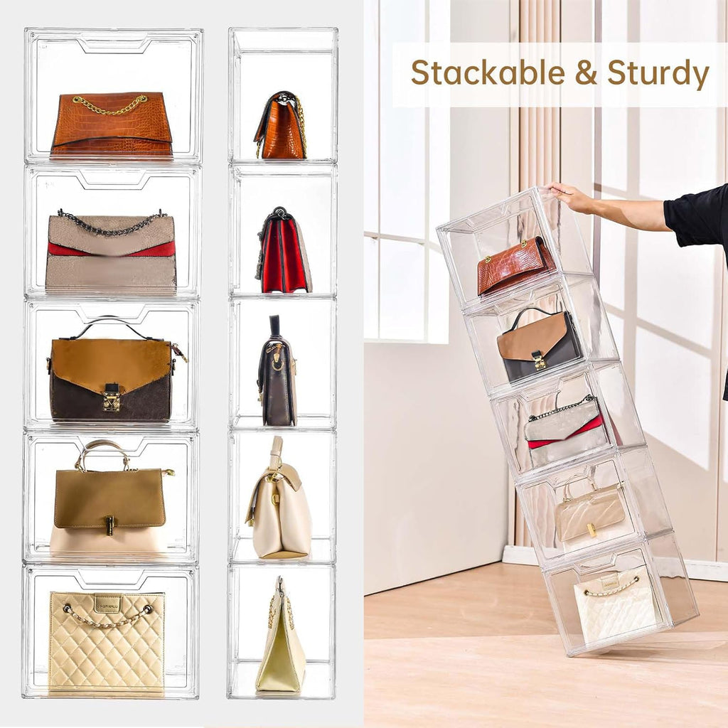 Freebat Stackable Storage Organizers, Clear Acrylic Display Case, 9-Pack Acrylic Boxes with Lids, Clear Storage Containers Storage for Handbags, Collectibles & Figures