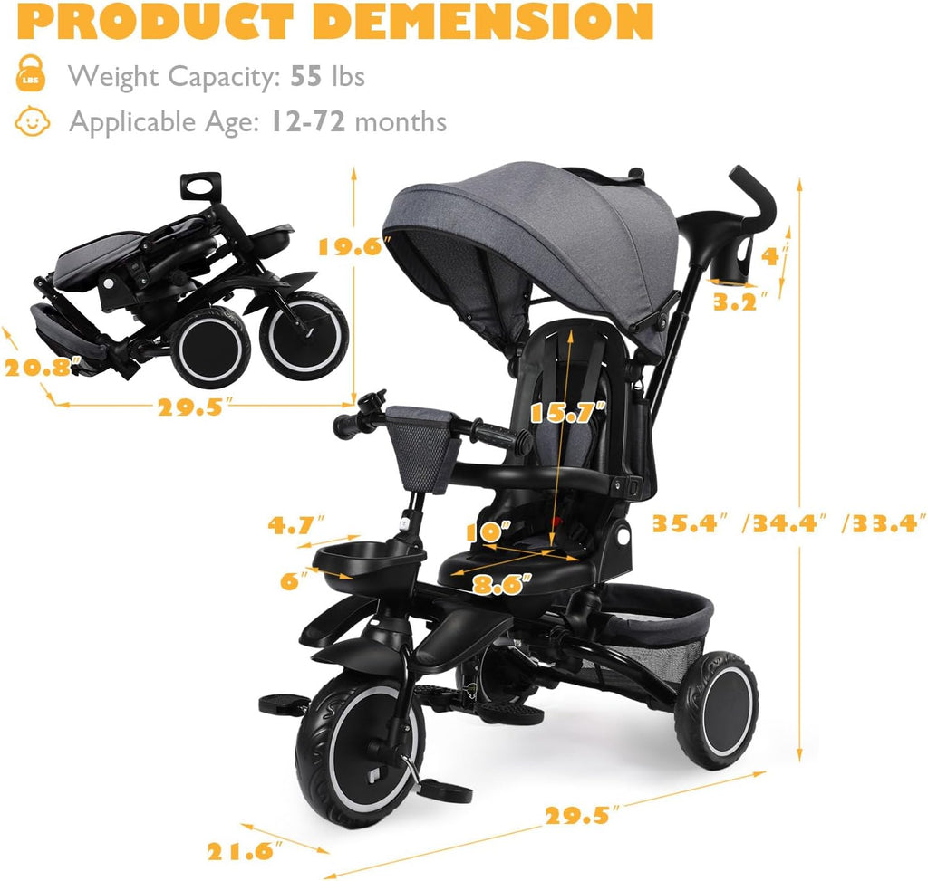 TODEFULL Folding Kids Tricycle, 8 in 1 Toddler Trike W/Removable & Adjustable Canopy, Parent Handle, 5-Piont Harness, Toddler Bike Tricycle for Kids 1-6 Years, EVA Wheels, Storage Basket, Grey