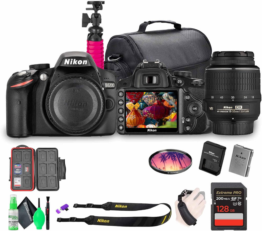 Nikon D3200 24.2MP DSLR Camera Kit with 18-55mm VR Zoom Lens – Full HD 1080p Video Capture, Fast 11-Point Autofocus System + 128GB Memory Card + Protective Memory Card Case + Camera Bag + More