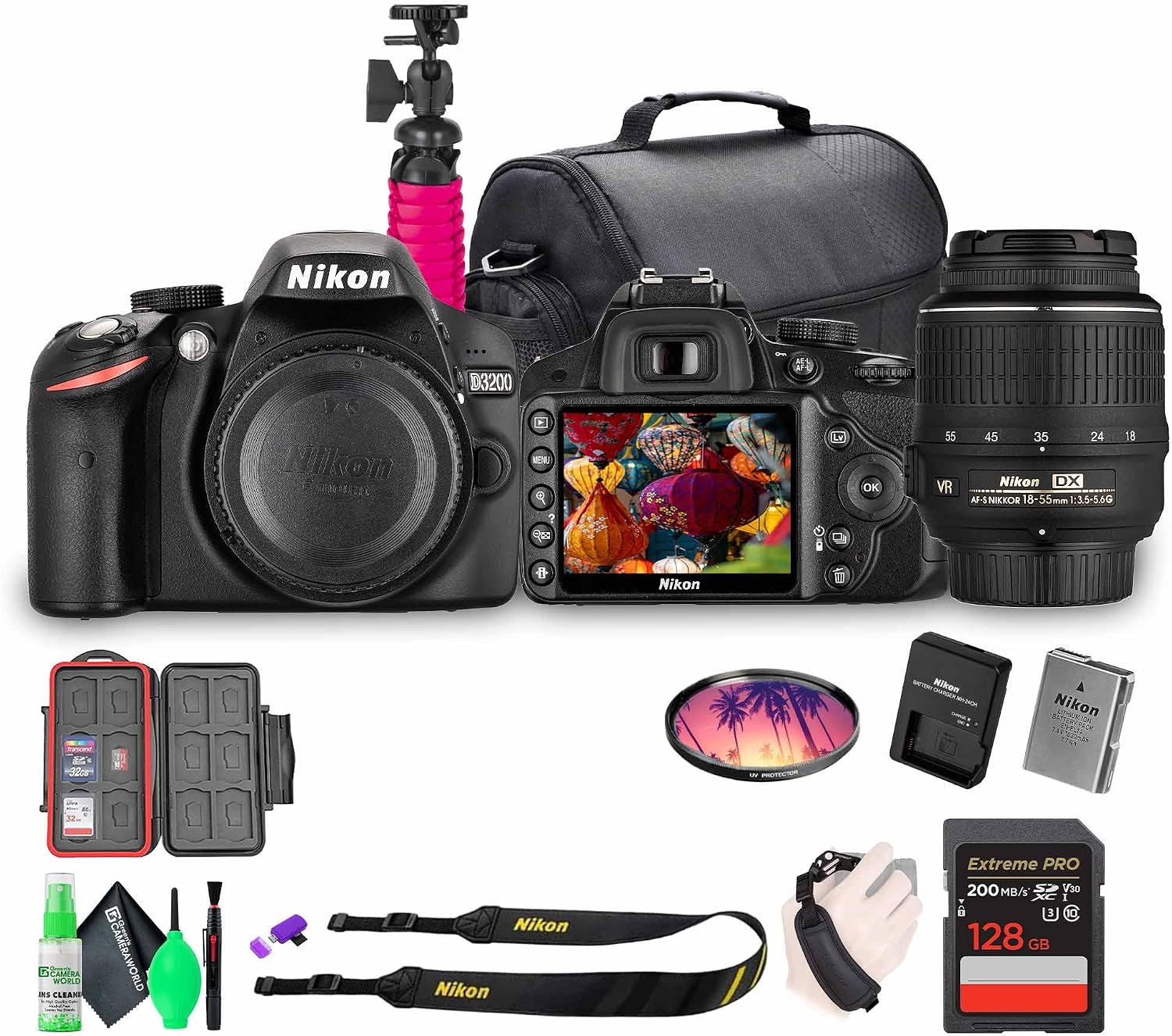 Nikon D3200 24.2MP DSLR Camera Kit with 18-55mm VR Zoom Lens – Full HD 1080p Video Capture, Fast 11-Point Autofocus System + 128GB Memory Card + Protective Memory Card Case + Camera Bag + More