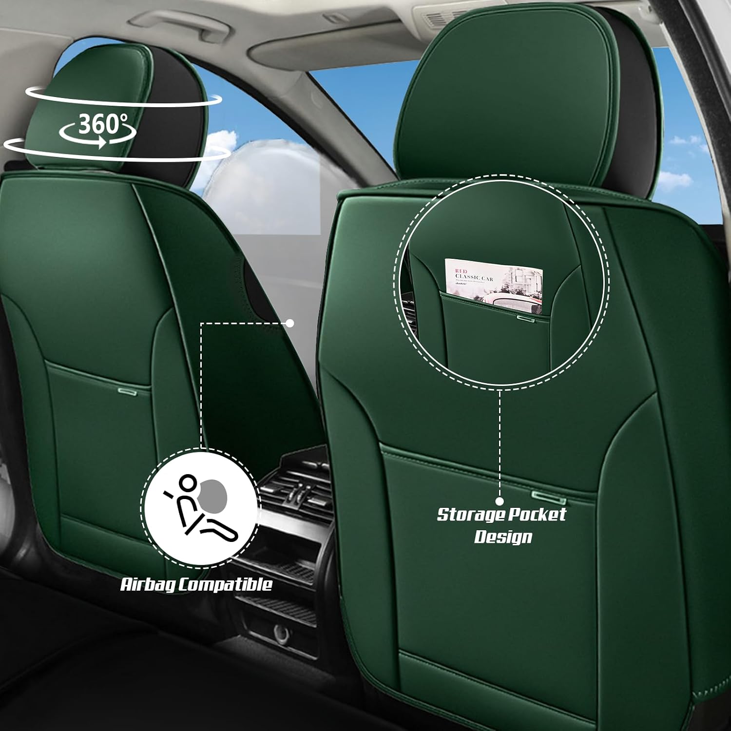 Car Seat Covers for Chevrolet Chevy Avalanche 2007-2013, Leather Auto Seat Cover Luxury Cushions Waterproof Seat Protectors (Black&Green,Front Set)