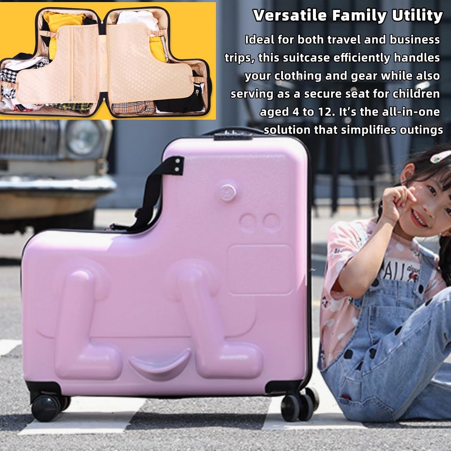 Ride on Kids Luggage, 24' Carry-on Suitcase with Double-row Universal Wheels Portable Rolling Luggage with Password Lock Unisex Riding Suitcase for Ages 4-12, Pink