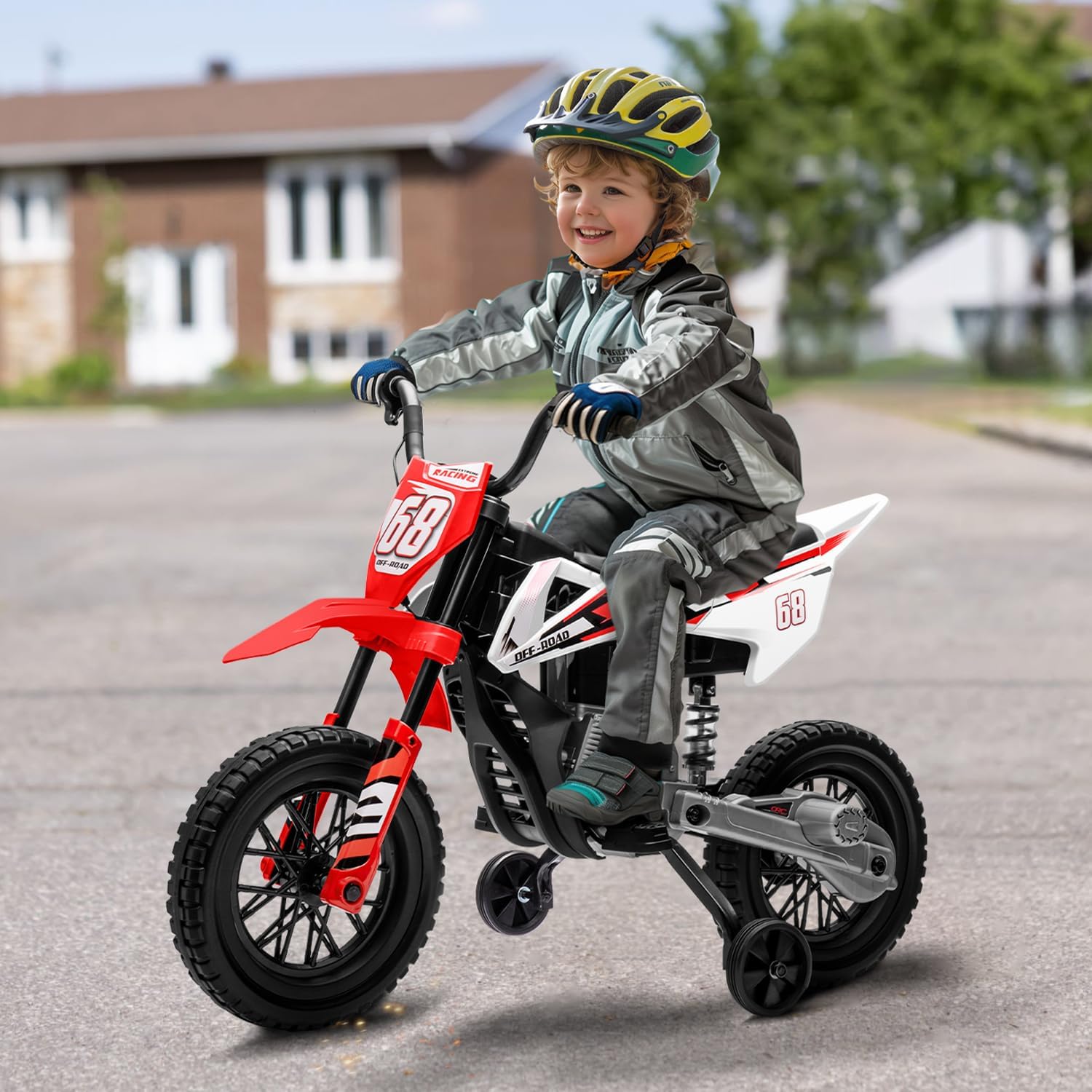 12V Kids Motorcycle w/Treaded Tires, 3.1mph Top Speed, Kids Motorcycle w/Training Wheels, Spring Suspension, Ideal for Toddlers 3-6 Years Old, Red