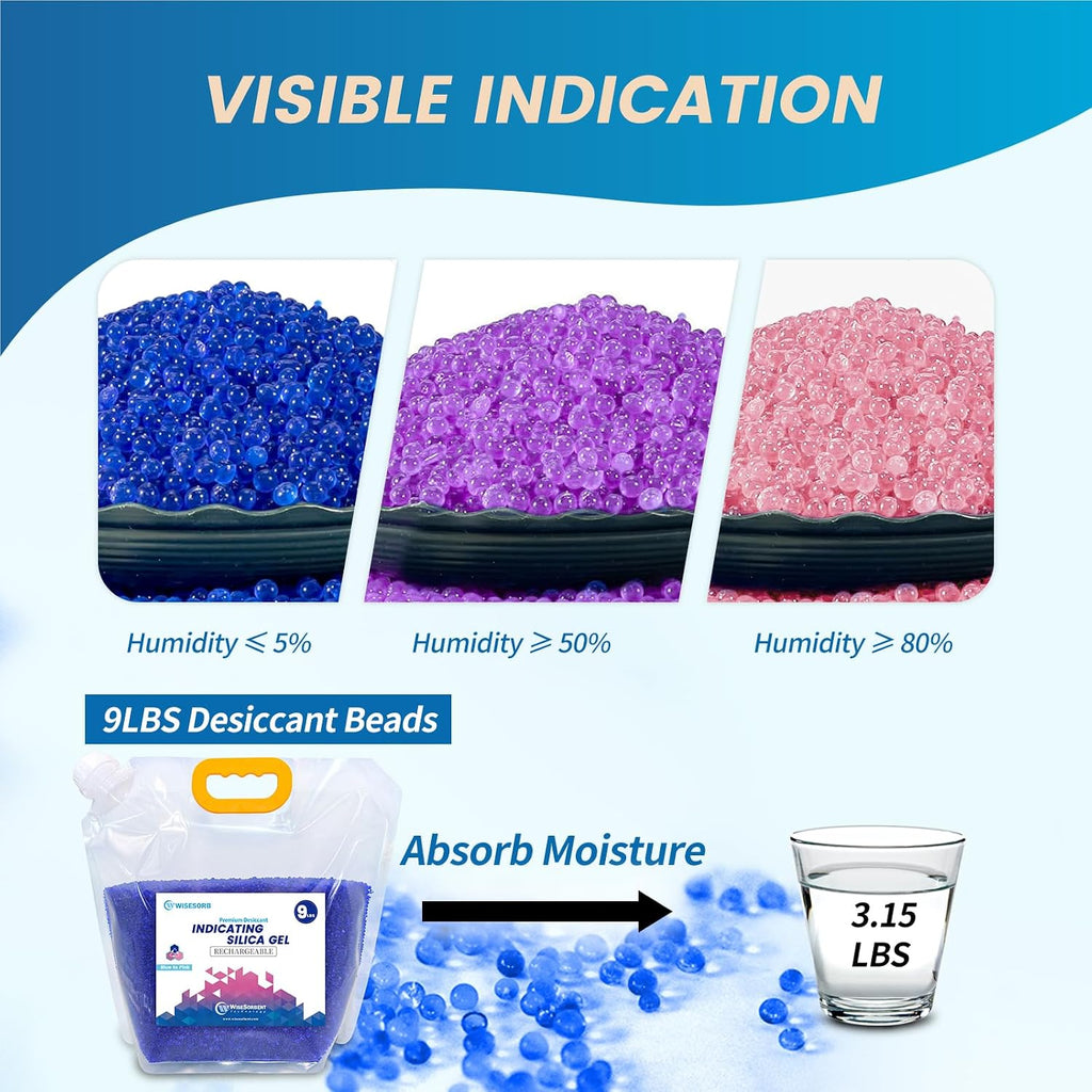 Wisesorb Net 27LBS Blue Indicating Silica Gel Beads Desiccants (Industry Standard 3-5 mm) - Reusable Desiccant Beads Silica Beads [Blue to Pink, 3 Packs of 9LBS]