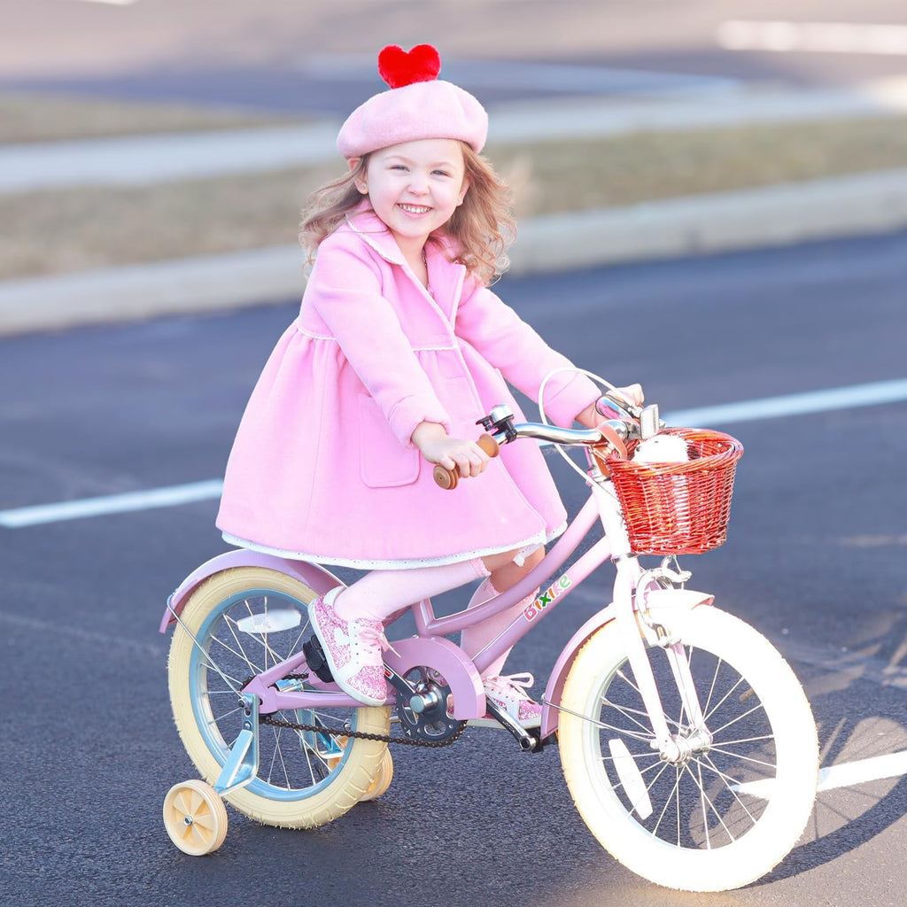 Bixike Retro Design Girls Bike with Basket and Coaster Brake for 3-13 Years Old Kids, 14 16 18 Inch Cruiser Bicycle for Toddlers with Training Wheels, 20 24 26 Inch with Kickstand, Multiple Colors