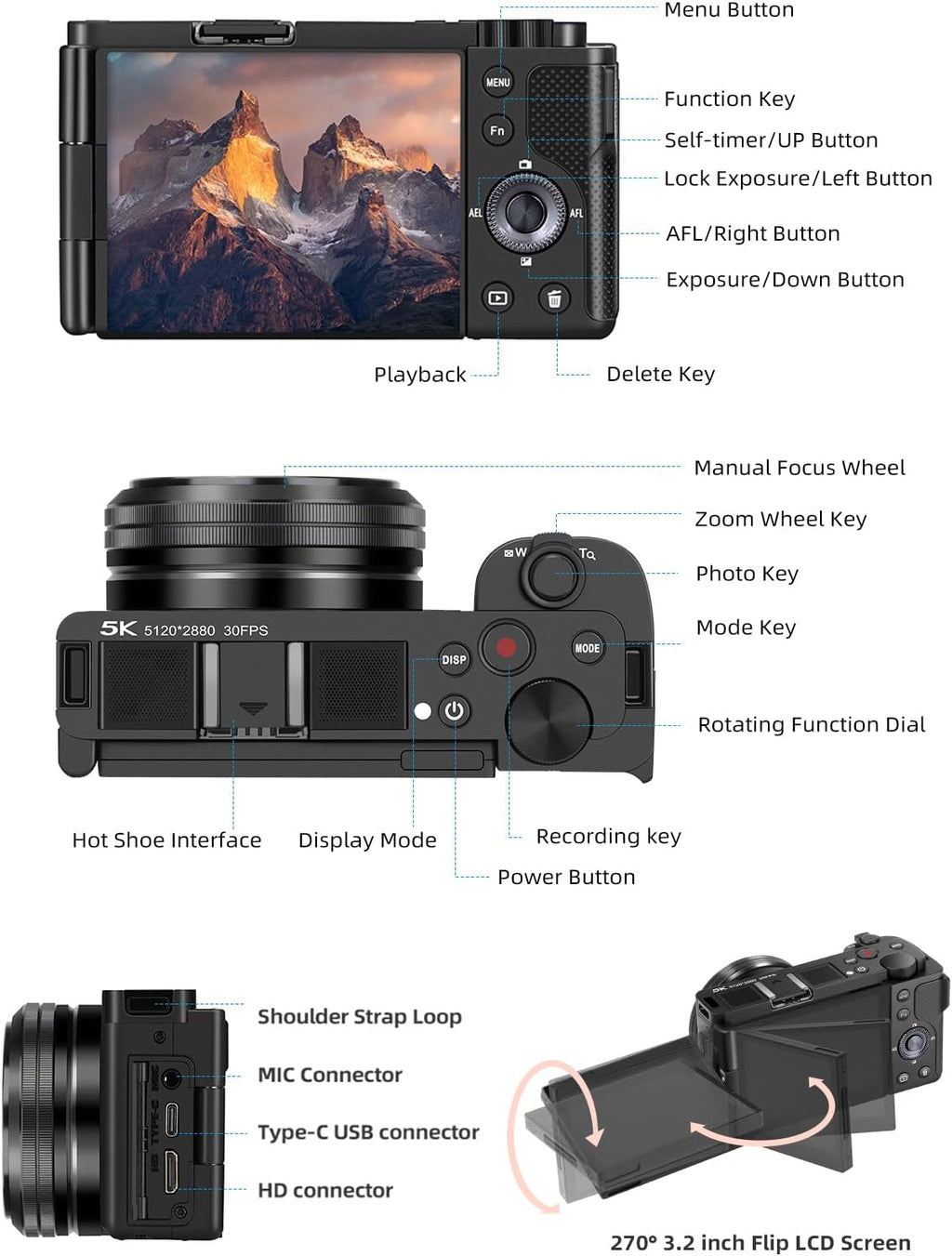 ORDRO 5K Digital Camera for Content Creators and Vloggers, 64MP Vlogging Camera for YouTube, WiFi Cameras for Photography with Flip Touchscreen, Auto-Focus, Wide Angle for Photography, with Stand