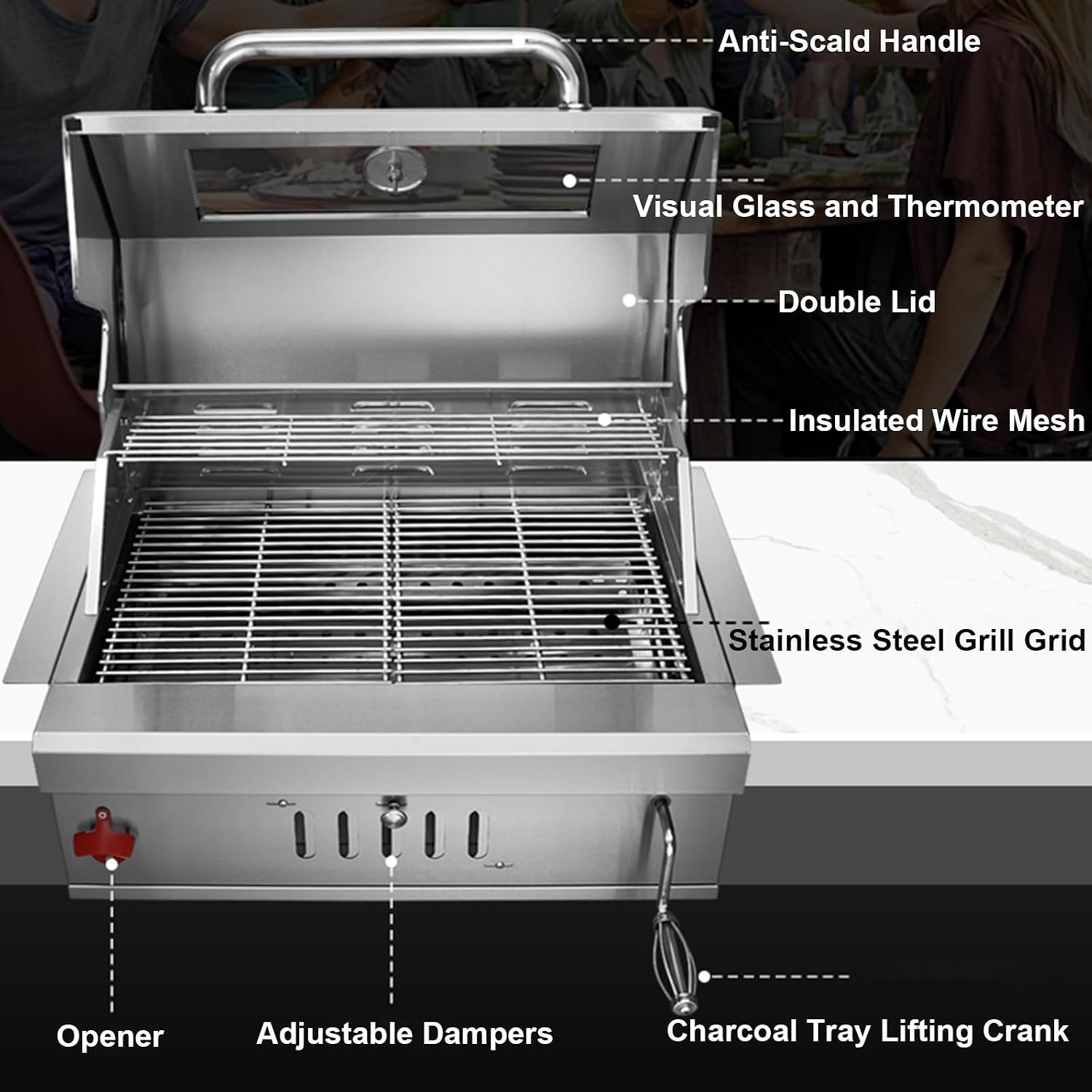 Built-In Stainless Steel Charcoal Grill for Outdoor Kitchen,28 Inch Large Charcoal BBQ Grills with Liftable Tray,Insulated Hood,Temperature Gauge & Cover for Camping,Patio,Park(Glass Square Lid)
