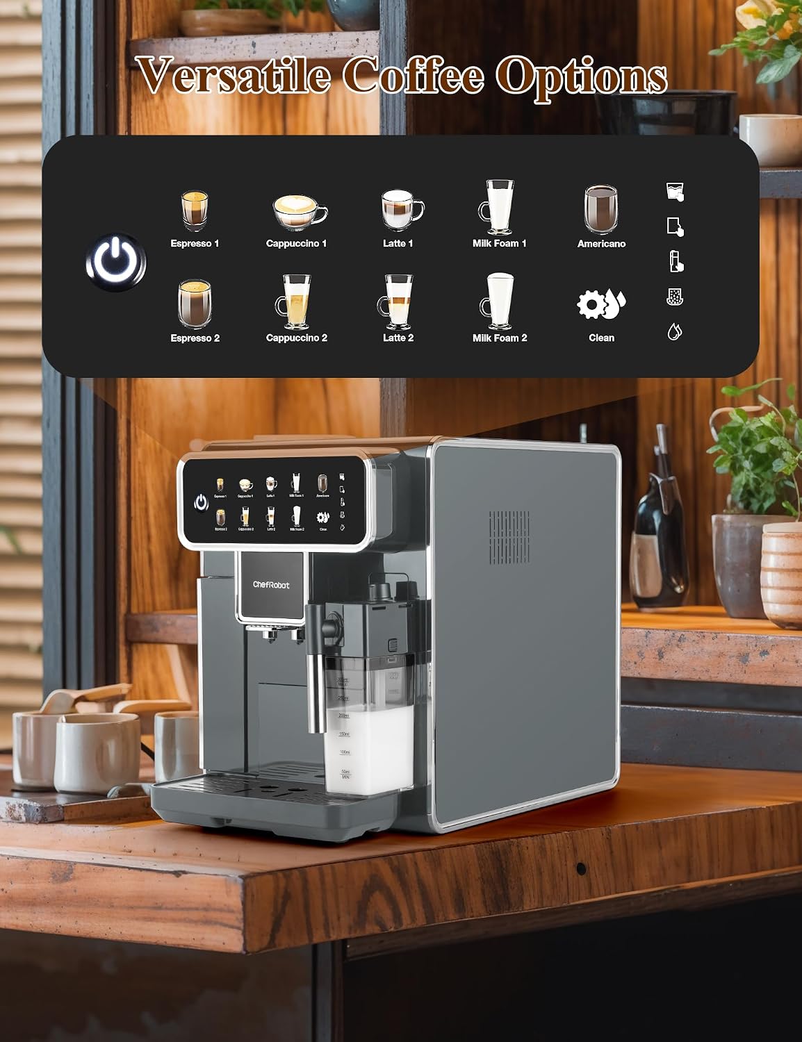 Chef Robot Automatic Espresso Machine Coffee Maker 12 Cup with Grinder Cappuccino Latte Americano Machine with Milk Frother for Home/Office (Gray)