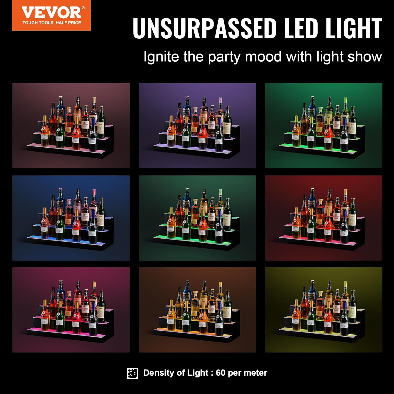 VEVOR LED Lighted Liquor Bottle Display, 3 Tiers 30 Inches, Supports USB, Illuminated Home Bar Shelf with RF Remote & App Control 7 Static Colors 1-4 H Timing, Acrylic Lighted Shelf for 24 Bottles