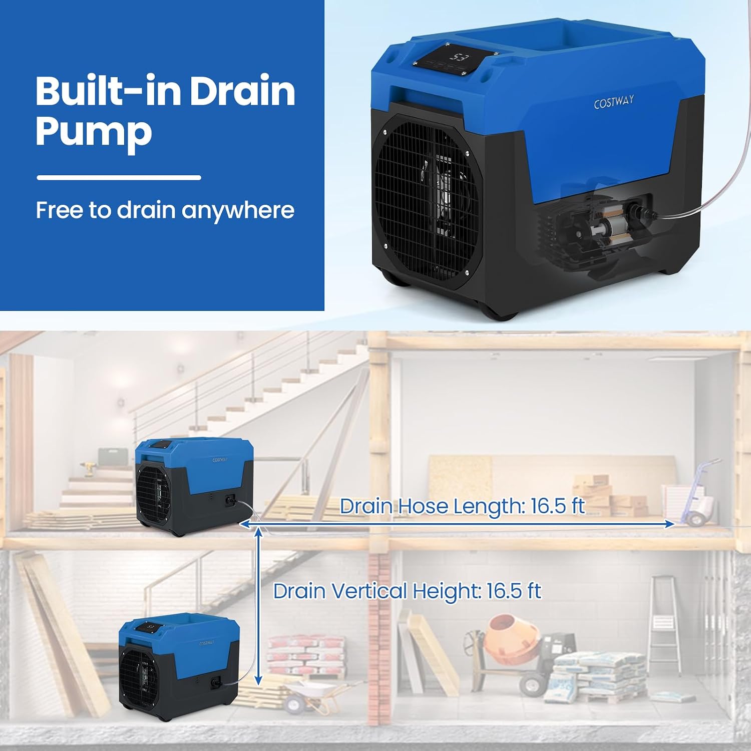 COSTWAY 140 Pints Commercial Dehumidifier with Pump, Portable Industrial Dehumidifier with Drain Hose for Basements, Job Sites, Water Damage Restoration (Blue)
