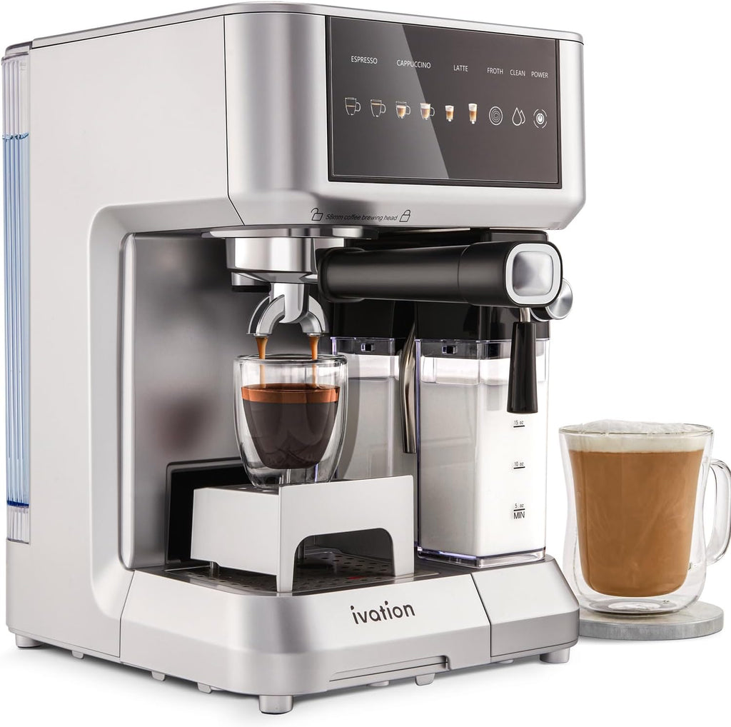 Ivation Espresso & Cappuccino Maker w/Milk Frother | 58mm | Coffee Machine for Home | Single & Double Shots | Espresso, Cappuccino, Latte, & Froth | Auto-Clean & Descale - Detachable Milk Reservoir