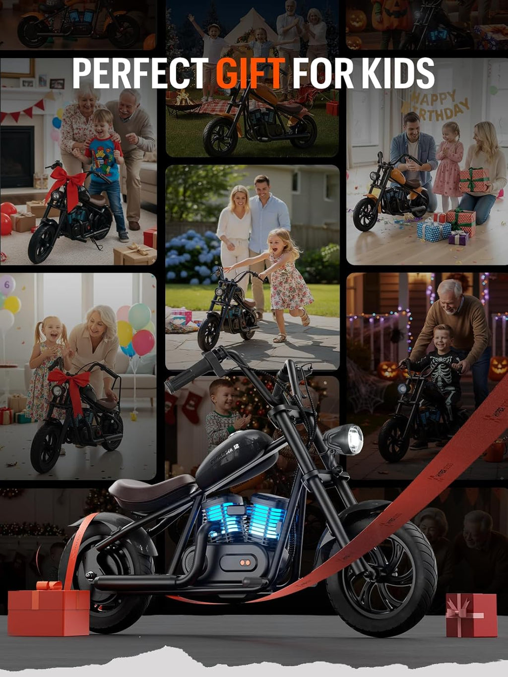 Hyper GoGo Electric Dirt Bike for Kids, [Ideal Gift] Electric Motorcycle with Ambient Light, Music Player, Simulated Fog Emission, Up to 10MPH & 60 Minutes Continuous Ride(Radiant Black)