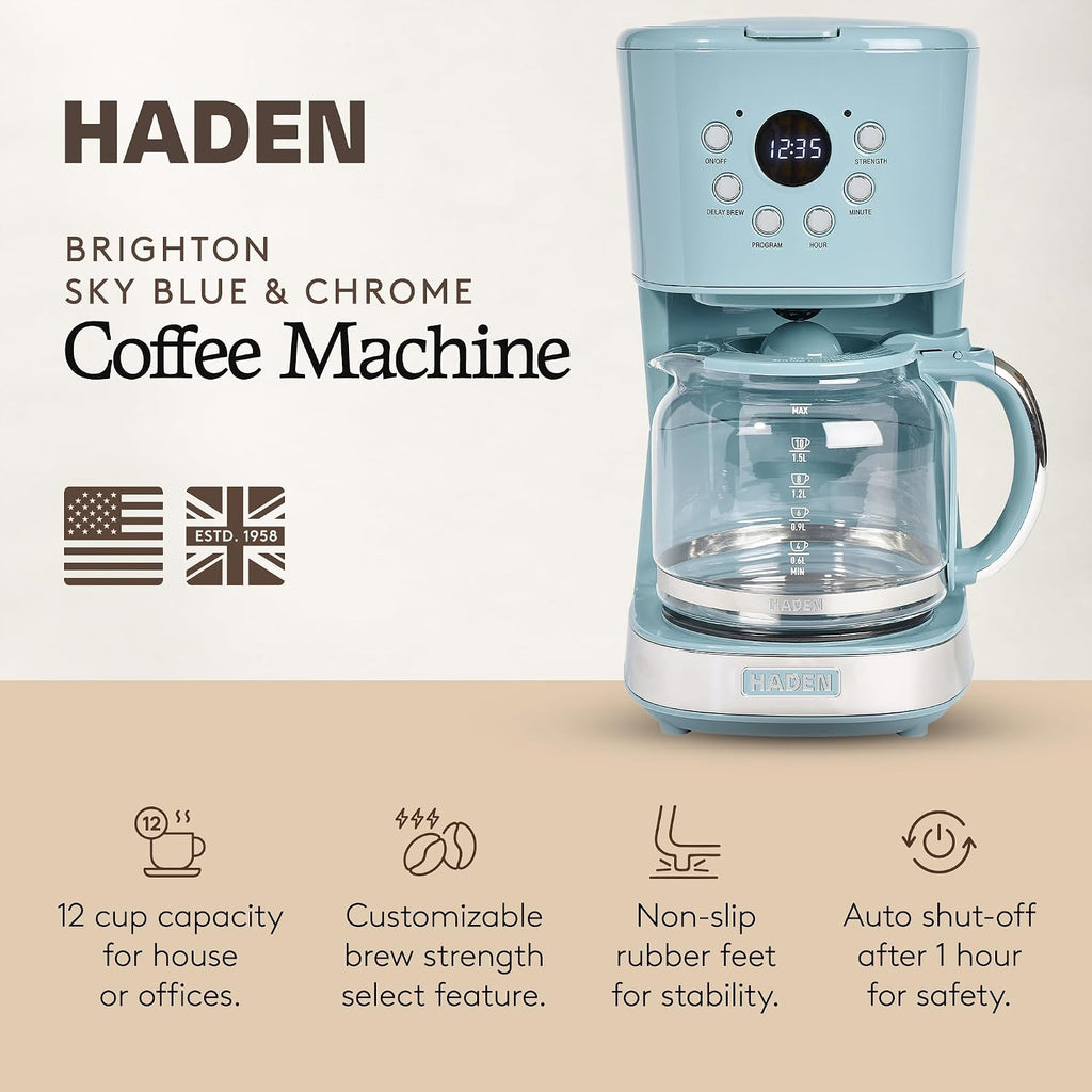 HADEN Brighton Coffee Machine, 12 Cup Programmable Drip Coffee Maker with Auto Shut-Off Function and Reusable Washable Water Filter, Sky Blue & Chrome