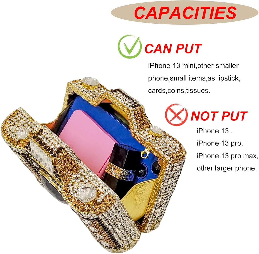 HUANG ZHUANG Cute Camera Shape Crystal Clutch Purse Mini Rhinestone Evening Bag Wedding Handbag Party Women Purse