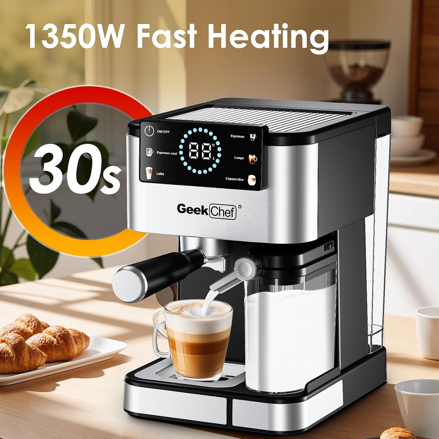 Geek Chef Espresso Machine with Milk Frother, 20 Bar Automatic Espresso Maker, Fast Heating Coffee Maker for Cappuccino, Latte & Iced Coffee, Easy to Use & Clean, for Home Barista