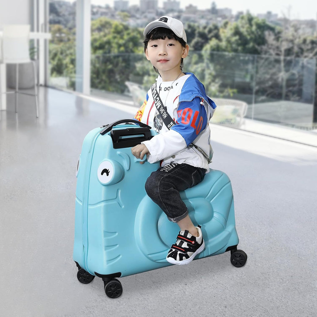 Childrens Travel Suitcase, Hardside Ride on Kids Luggage with Seat and Safety Belt 20 Inch Carry On Luggage Kids with 4 Silent Wheel Combination Lock for Toddler Ages 3-6 Girls and Boys