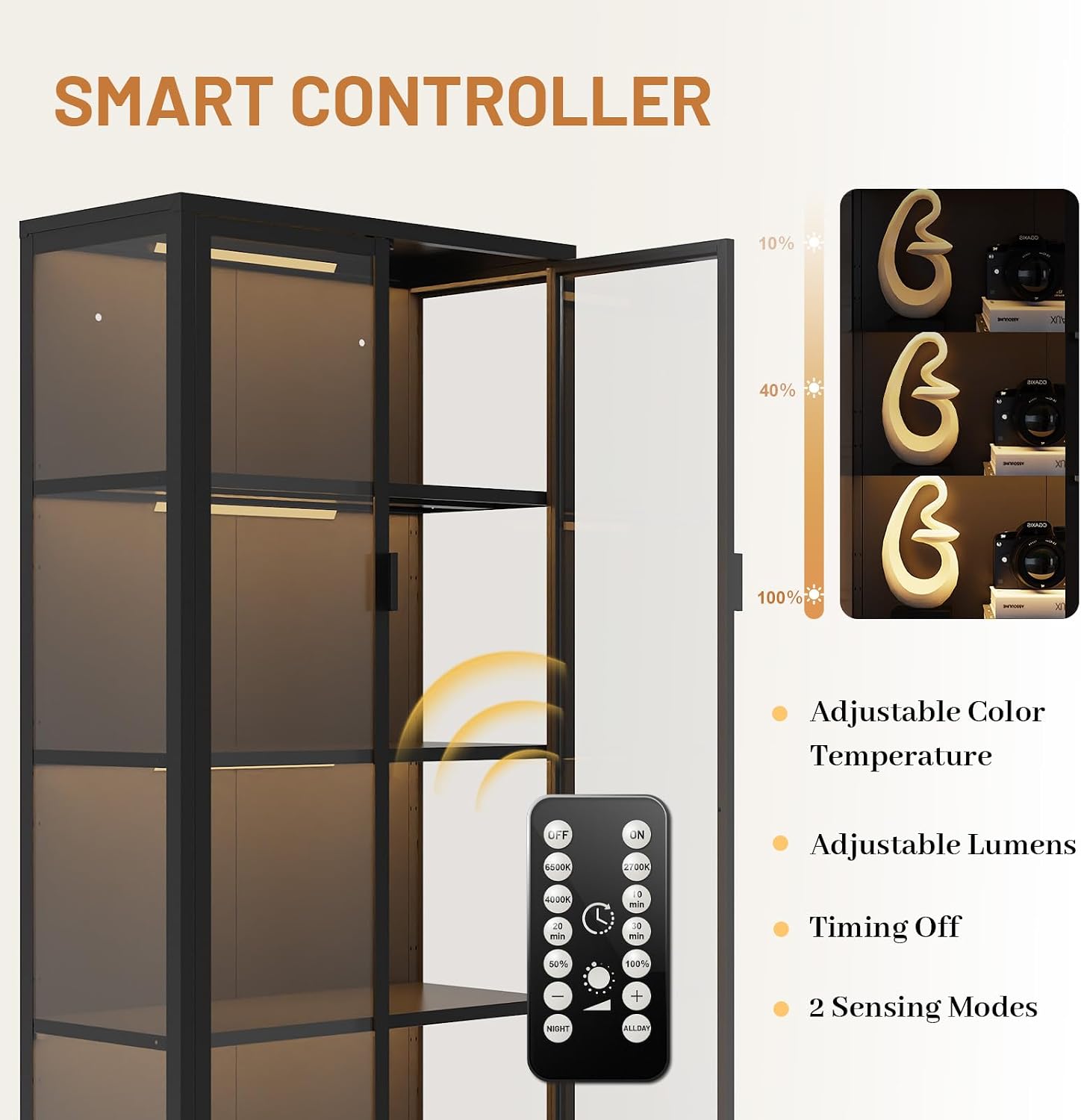 Eltean 63' H Display Cabinet with Glass Doors,4 Tiers Curio Display Case with 3 Colors LED Sensor Light,Glass Display Cabinets for Collectible with 3 Adjustable Shelves for Living Room,Bedroom,Office