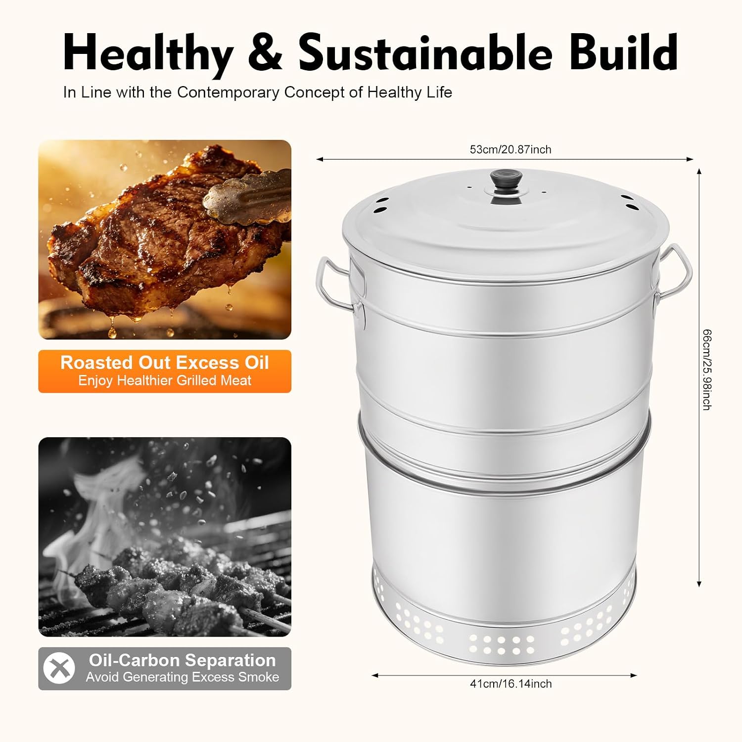 Portable Stainless Steel Charcoal Grill Barrel, 360°Smokeless BBQ Grill with Oil Tray, Large Camping Grill for Backyard, Travel and Patio Cooking, Barbecue Grill with 50 Skewers, Silver