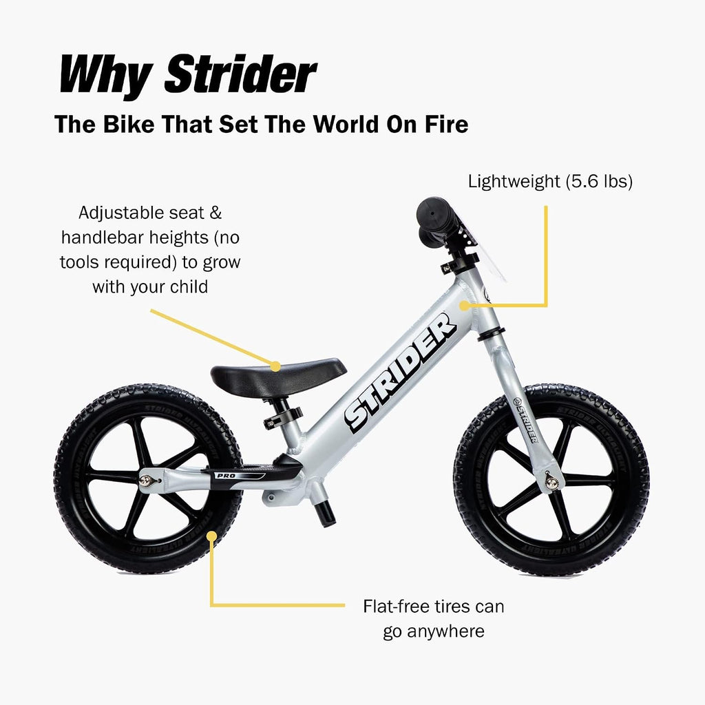 Strider 12' Pro Bike, No Pedal Balance Bicycle for Kids 1 to 4 Years - Includes Safety Pad, Padded Seat, Mini Grips & Flat-Free Tires - Tool Free