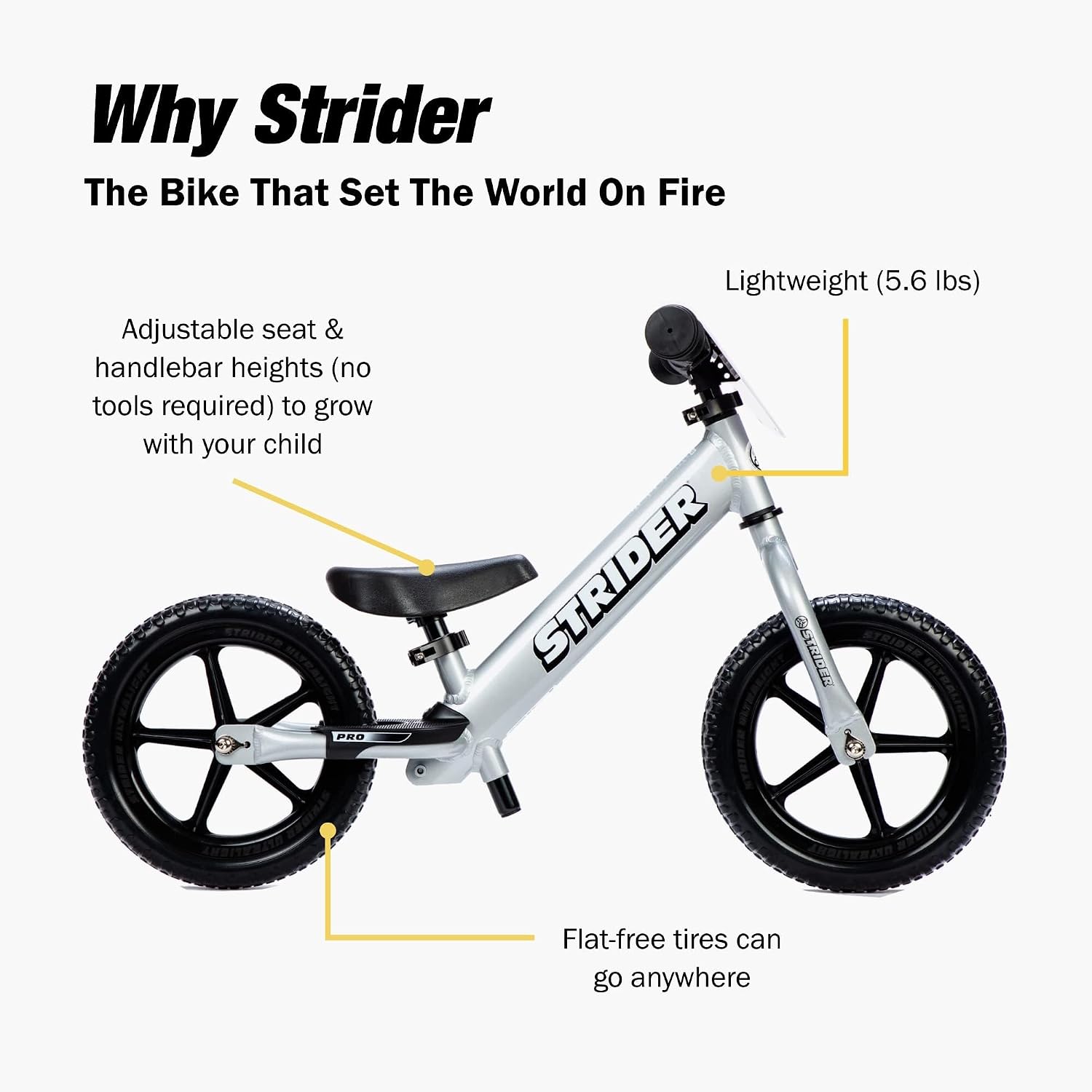 Strider 12' Pro Bike, No Pedal Balance Bicycle for Kids 1 to 4 Years - Includes Safety Pad, Padded Seat, Mini Grips & Flat-Free Tires - Tool Free