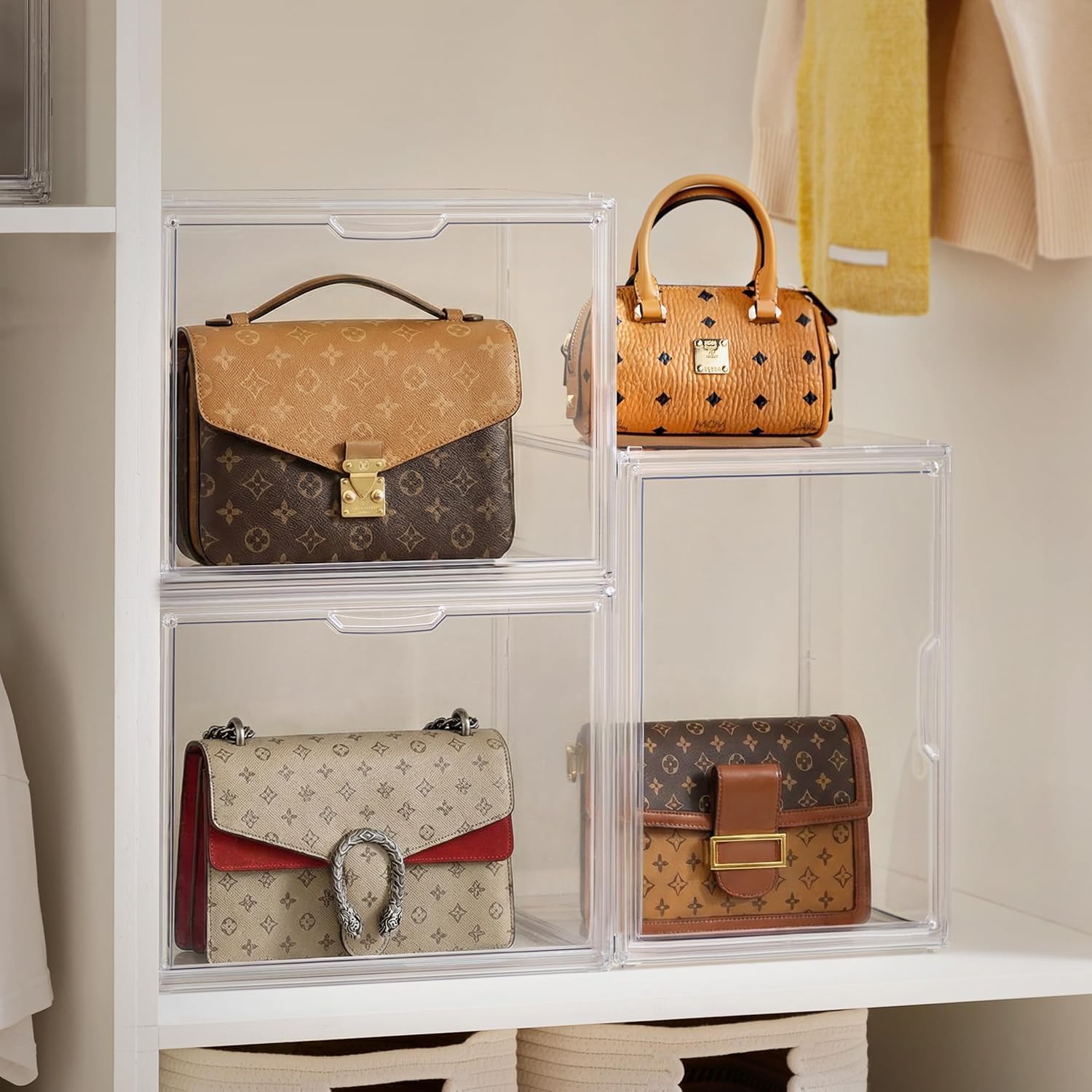HBlife 14 Pack Purse Storage Organizer for Closet, Large Clear Stackable Handbag Display Case Box with Magnetic Door for Collectibles, Cosmetics, Women Heels and Toys