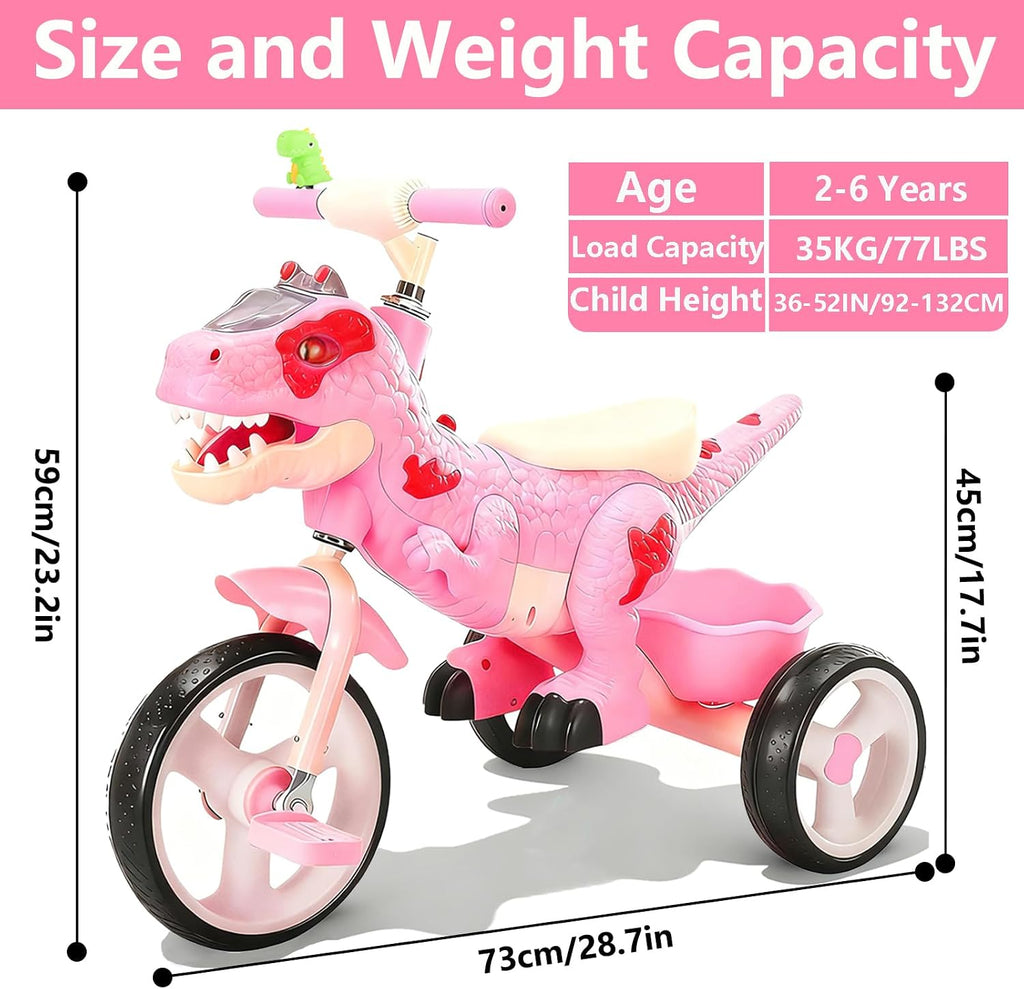 NMM Dinosaur Tricycle for Toddlers, Kids Trike with Music, LED, Tricycles for 3-5 Year Olds, for Rider, Big Wheel, Storage Basket, Horn, Toddler Bike for Boy, Dinosaur Toys for Kids 2-4 4-7