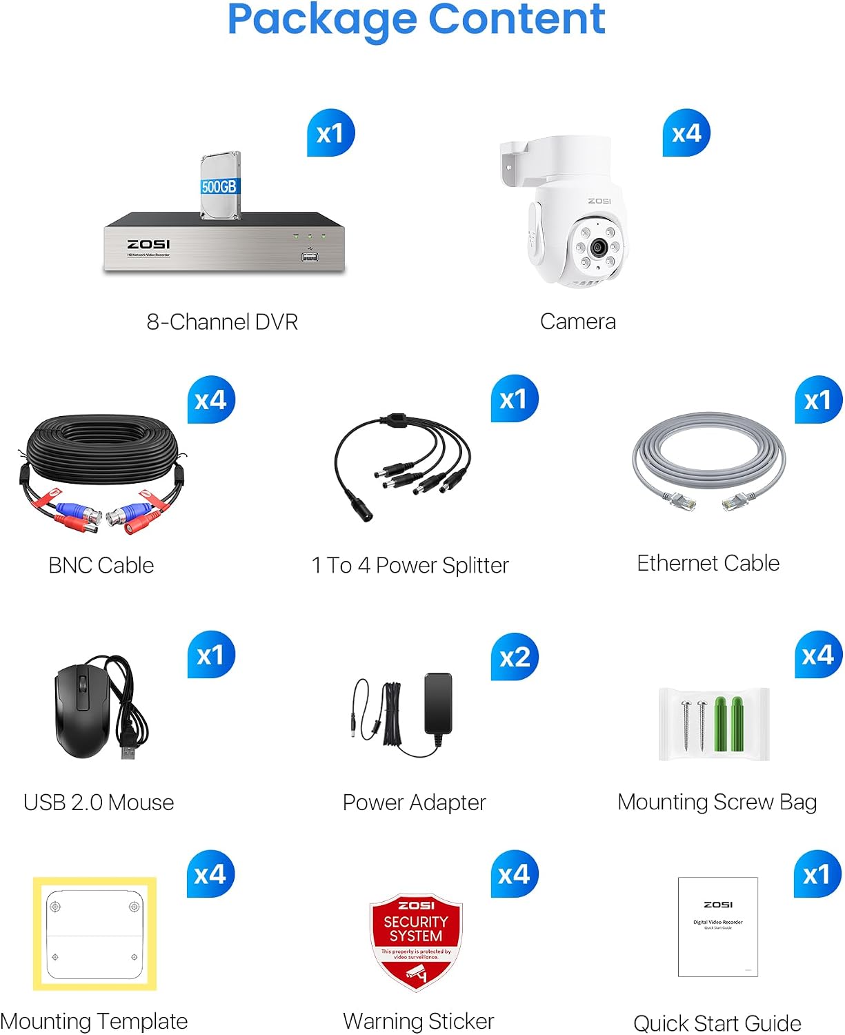 ZOSI 5MP Wired Security Camera System,4pcs 1080p Pan/Tilt 360°View Indoor Outdoor Camera,AI Human Vehicle Detection,Night Vision,Audio Recording,H.265+ 8CH DVR with 500GB HDD for 24/7 Surveillance