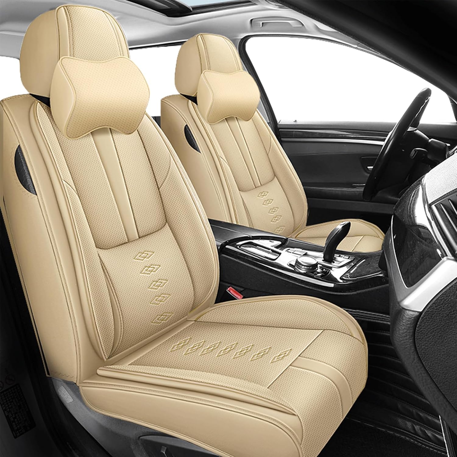Leather Seat Covers for Toyota Land Cruiser 2000-2024,Car Seat Covers Front Set,Waterproof Car Seat Protectors with Airbag,Comfort Interior Cover Seats for Cars(Beige,Pillows)