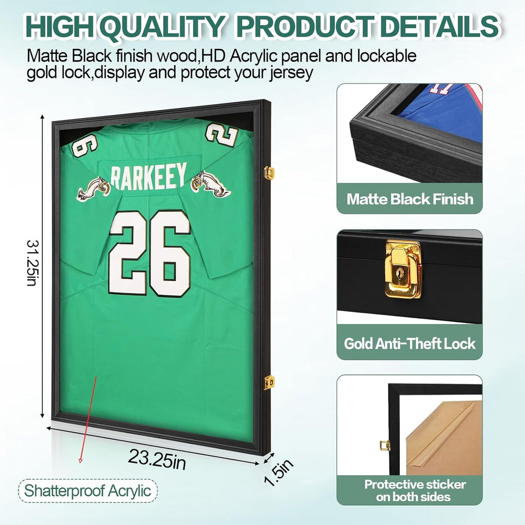 Jersey Frame Display Case 4 Pack for Wall ,Large Lockable T-Shirt Shadow Box with Clear UV Protection Acrylic & Hangers for Football Basketball Baseball Soccer Hockey, Matte Black