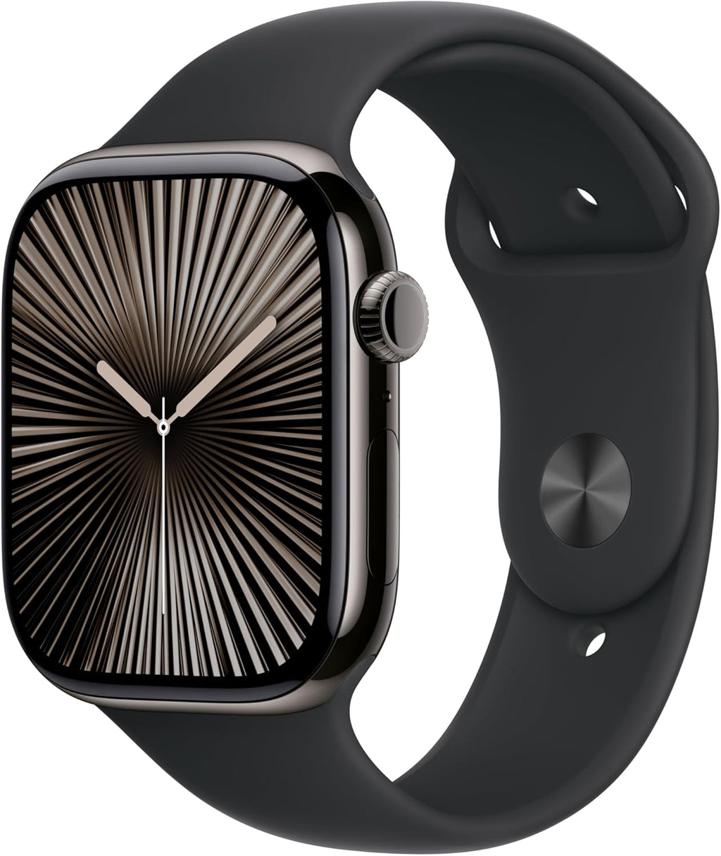 Apple Watch Series 10 [GPS + Cellular 46mm case] Smartwatch with Slate Titanium Case with Black Sport Band - S/M. Fitness Tracker, ECG App, Always-On Retina Display, Water Resistant