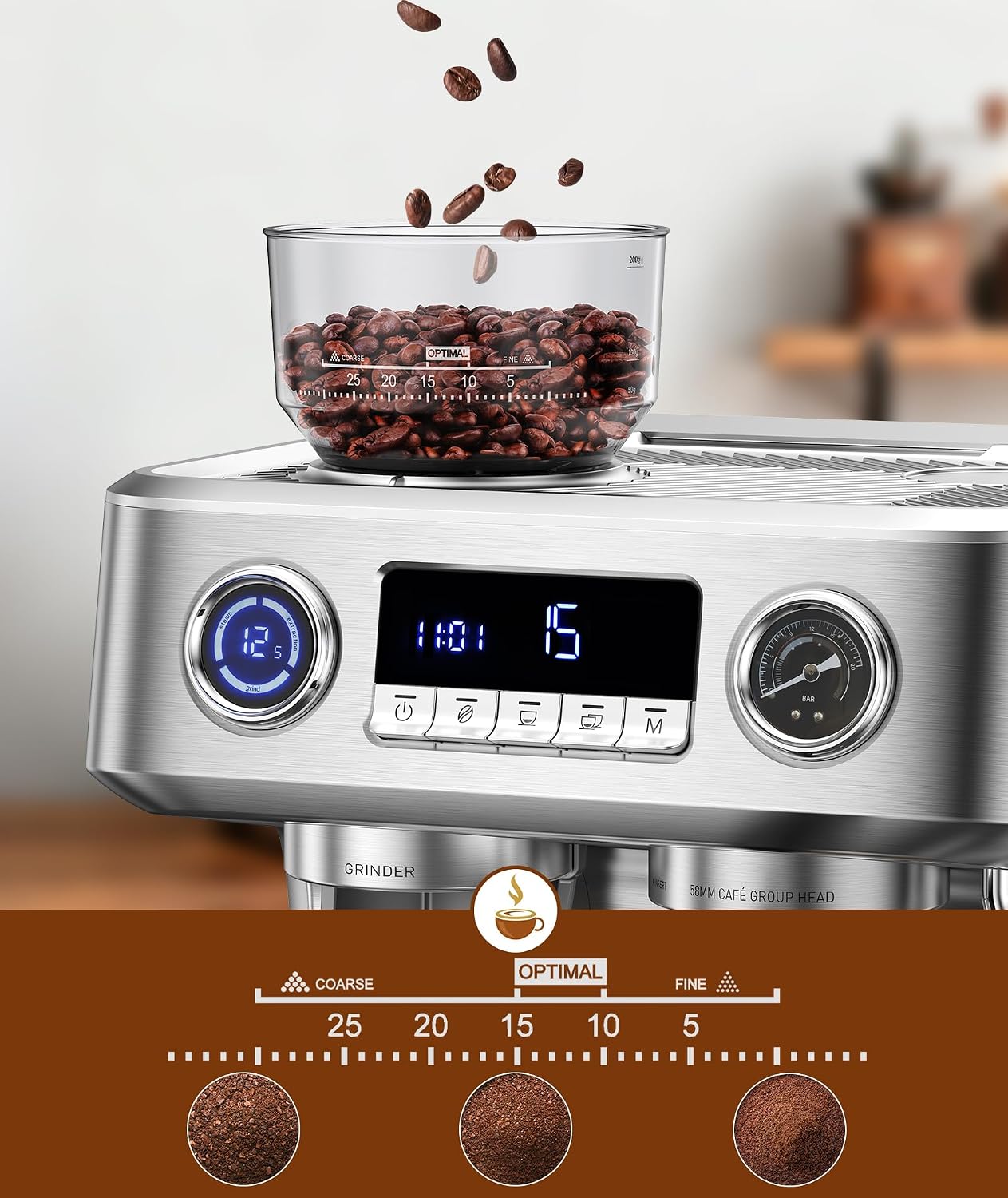 COWSAR Dual Boiler Espresso Machine with Grinder, 20 Bar Espresso Machines with Milk Frother, Espresso Maker with Removable Water Tank, Commercial Expresso Coffee Machines, Brushed Stainless Steel