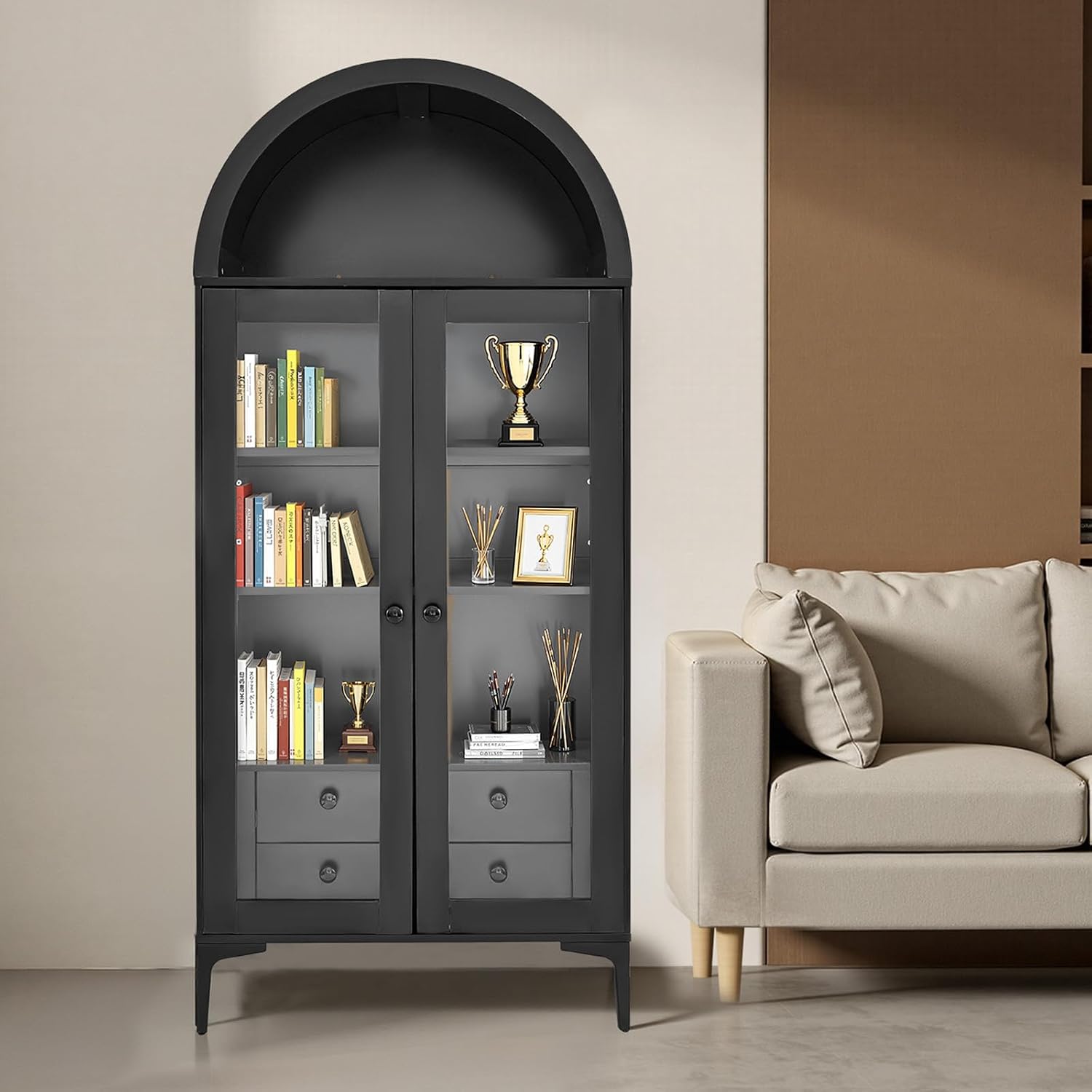 VEVOR Arched Kitchen Pantry Cabinet with Glass Doors, 70in Tall Curio Cabinet, 4-Tier Display Case with 2 Adjustable Shelves, Bookcase Bookshelf for Collectibles Storage Bedroom Living Room Office